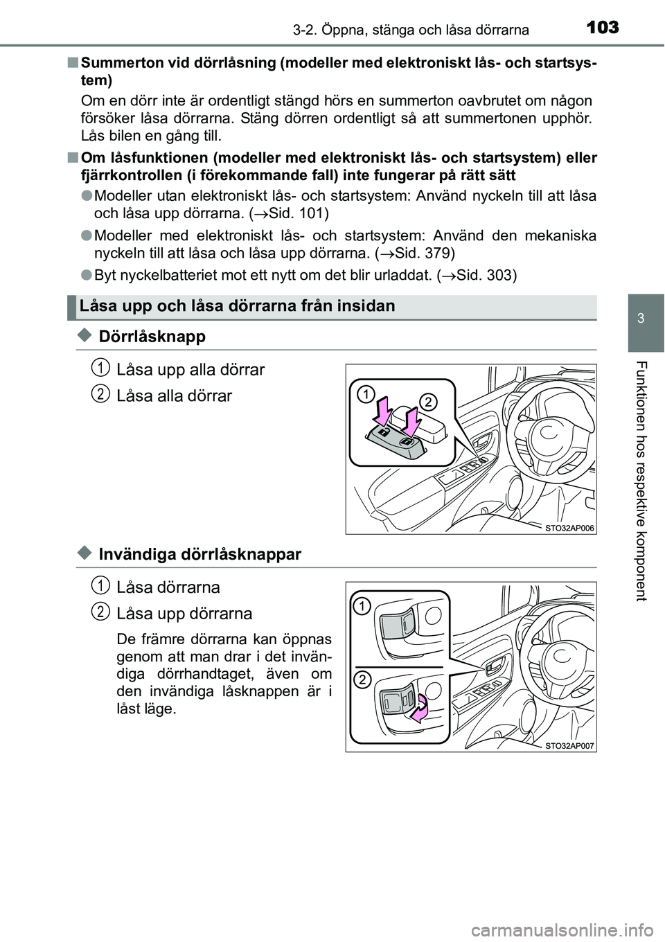 TOYOTA YARIS HYBRID 2015  Bruksanvisningar (in Swedish) 1033-2. Öppna, stänga och låsa dörrarna
3
Funktionen hos respektive komponent
■Summerton vid dörrlåsning (modeller med elektroniskt lås- och startsys-
tem)
Om en dörr inte är ordentligt st