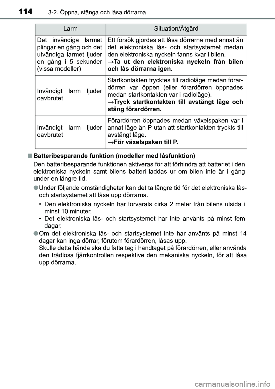 TOYOTA YARIS HYBRID 2015  Bruksanvisningar (in Swedish) 1143-2. Öppna, stänga och låsa dörrarna
■Batteribesparande funktion (modeller med låsfunktion)
Den batteribesparande funktionen aktiveras för att förhindra att batteriet i den
elektroniska ny