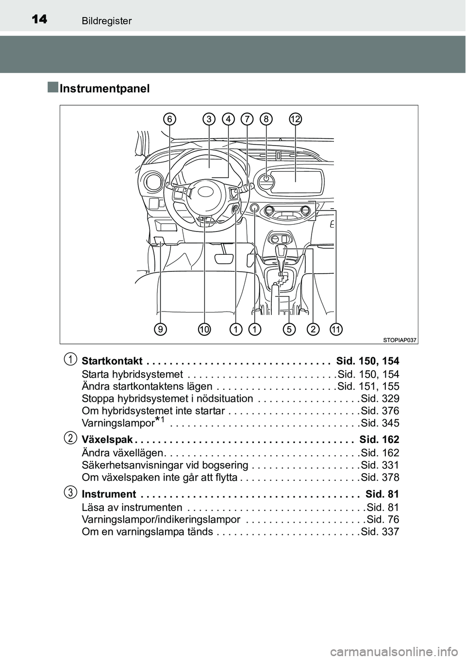 TOYOTA YARIS HYBRID 2015 Bruksanvisningar (in Swedish) 14Bildregister
■Instrumentpanel
Startkontakt . . . . . . . . . . . . . . . . . . . . . . . . . . . . . . . . Sid. 150, 154
Starta hybridsystemet . . . . . . . . . . . . . . . . . . . . . . . . . TOYOTA YARIS HYBRID 2015 Bruksanvisningar (in Swedish) 14Bildregister
■Instrumentpanel
Startkontakt . . . . . . . . . . . . . . . . . . . . . . . . . . . . . . . . Sid. 150, 154
Starta hybridsystemet . . . . . . . . . . . . . . . . . . . . . . . . .