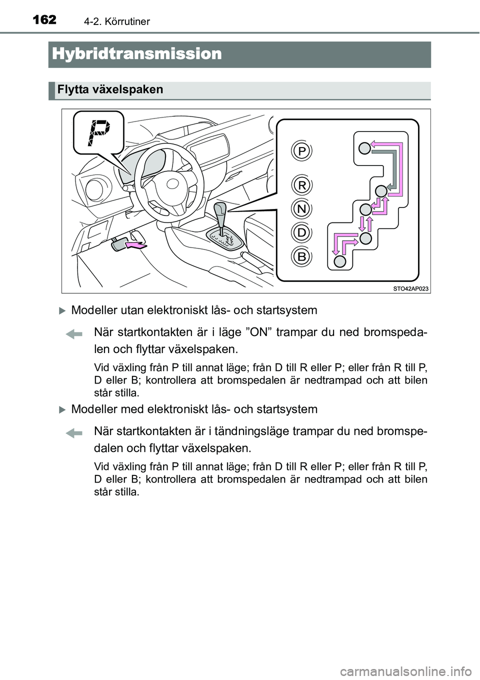 TOYOTA YARIS HYBRID 2015  Bruksanvisningar (in Swedish) 1624-2. Körrutiner
Hybridtransmission
�XModeller utan elektroniskt lås- och startsystem
När startkontakten är i läge ”ON” trampar du ned bromspeda-
len och flyttar växelspaken.
Vid växling 