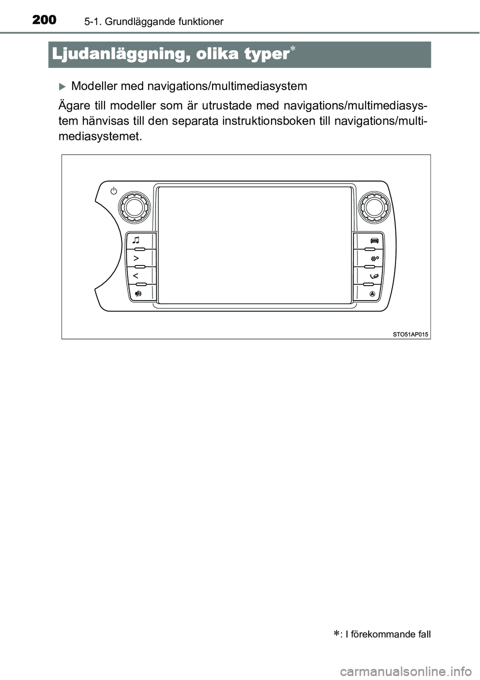 TOYOTA YARIS HYBRID 2015  Bruksanvisningar (in Swedish) 2005-1. Grundläggande funktioner
Ljudanläggning, olika typer∗
�XModeller med navigations/multimediasystem
Ägare till modeller som är utrustade med navigations/multimediasys-
tem hänvisas till d