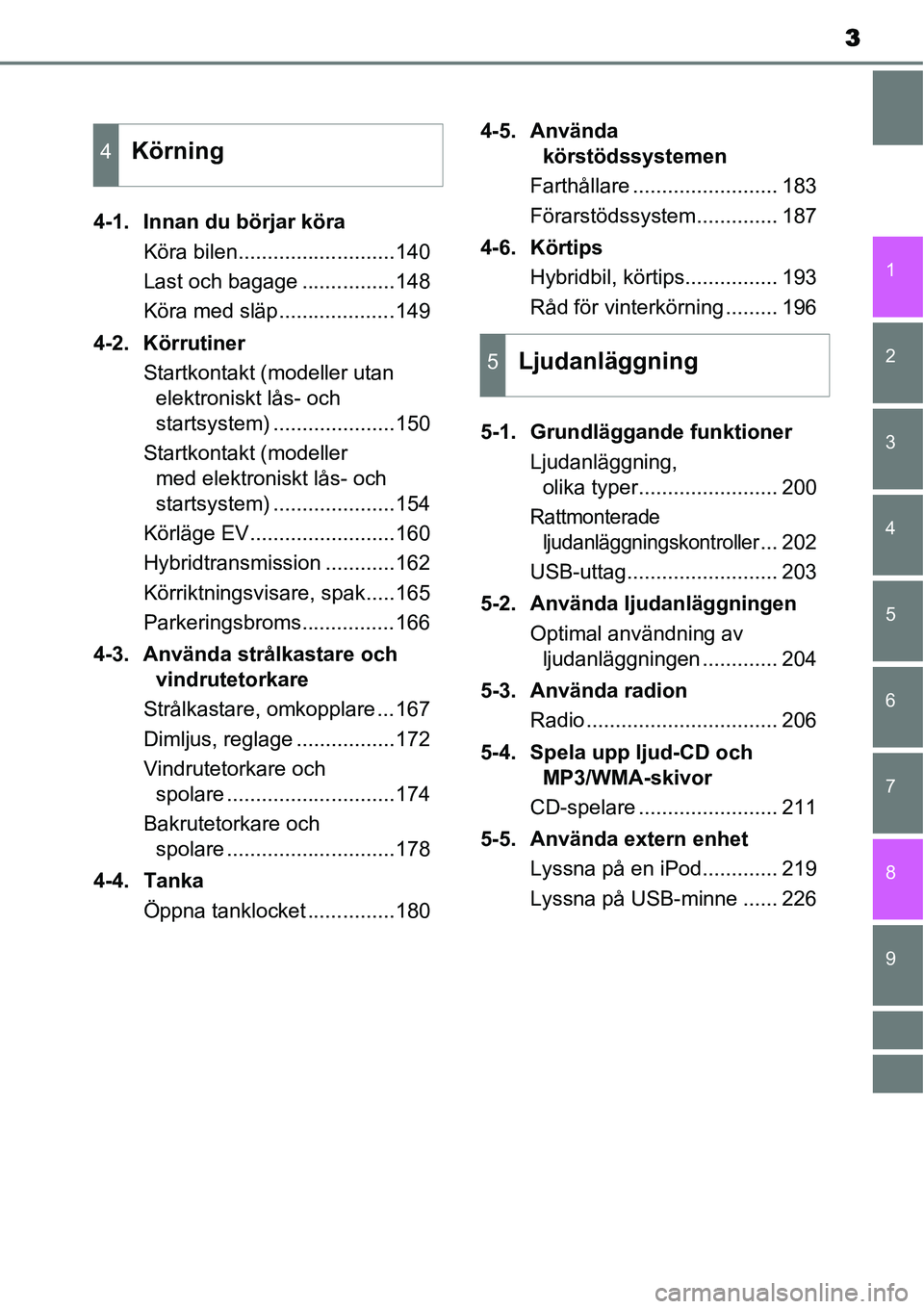 TOYOTA YARIS HYBRID 2015  Bruksanvisningar (in Swedish) 3
1
7
8 6 5
4
3
2
9
4-1. Innan du börjar köra
Köra bilen...........................140
Last och bagage ................148
Köra med släp....................149
4-2. Körrutiner
Startkontakt (mode