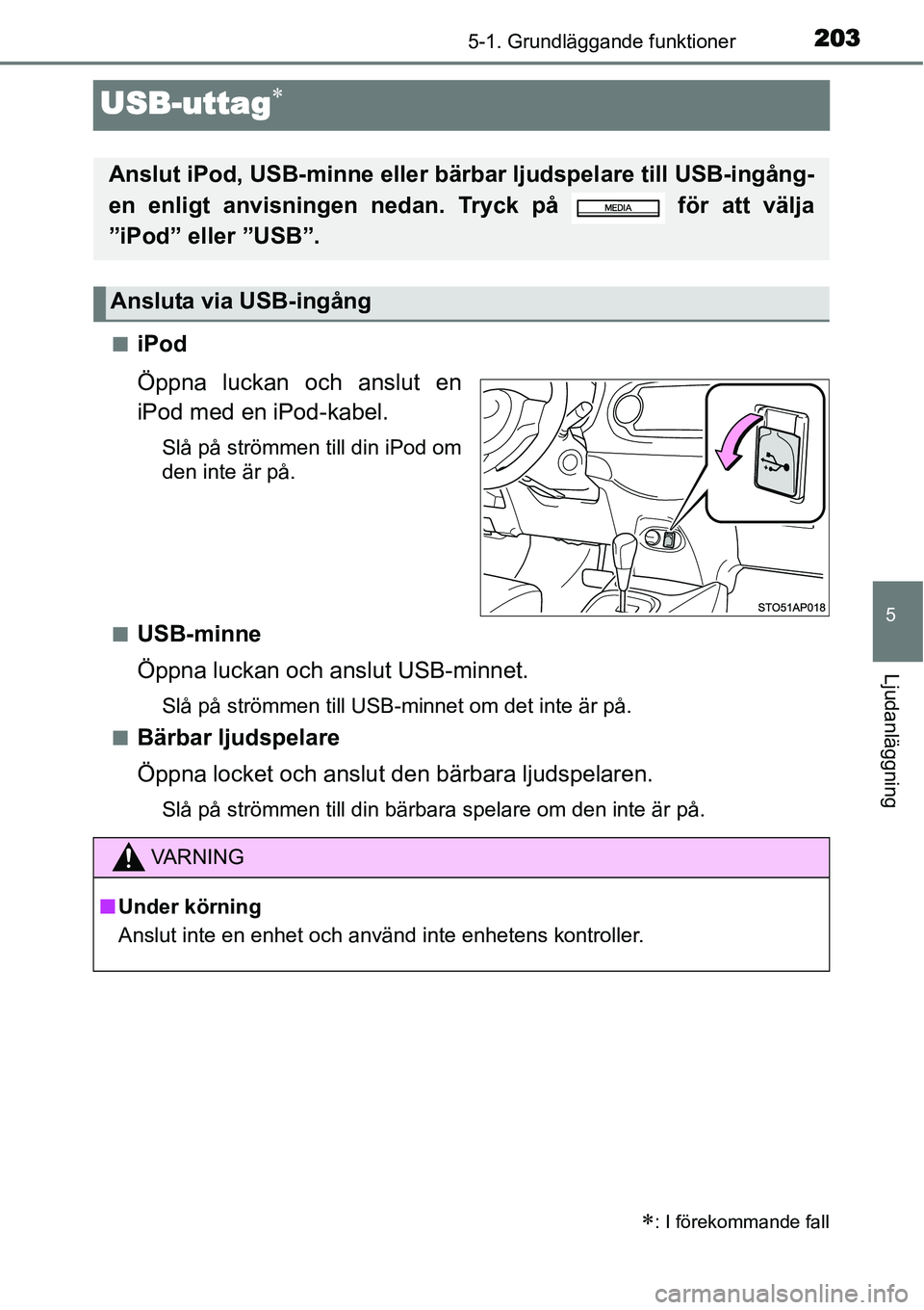 TOYOTA YARIS HYBRID 2015  Bruksanvisningar (in Swedish) 203
5
5-1. Grundläggande funktioner
Ljudanläggning
USB-uttag∗
■iPod
Öppna luckan och anslut en
iPod med en iPod-kabel.
Slå på strömmen till din iPod om
den inte är på.
■
USB-minne
Öppna
