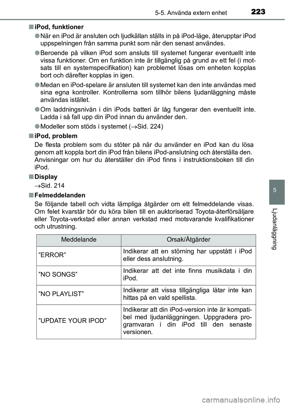 TOYOTA YARIS HYBRID 2015 Bruksanvisningar (in Swedish) 2235-5. Använda extern enhet
5
Ljudanläggning
■iPod, funktioner
●När en iPod är ansluten och ljudkällan ställs in på iPod-läge, återupptar iPod
uppspelningen från samma punkt som när de TOYOTA YARIS HYBRID 2015 Bruksanvisningar (in Swedish) 2235-5. Använda extern enhet
5
Ljudanläggning
■iPod, funktioner
●När en iPod är ansluten och ljudkällan ställs in på iPod-läge, återupptar iPod
uppspelningen från samma punkt som när de