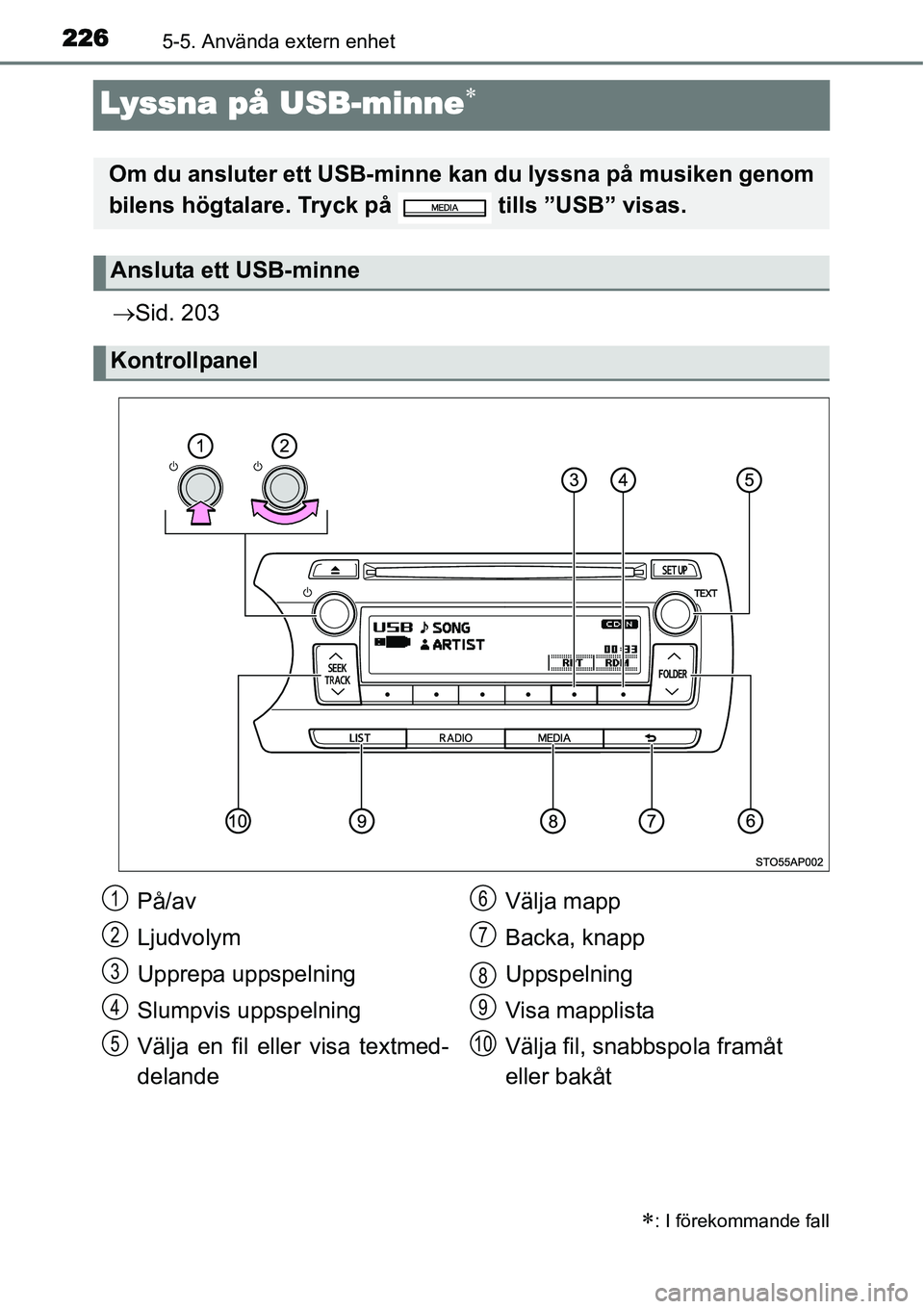 TOYOTA YARIS HYBRID 2015 Bruksanvisningar (in Swedish) 2265-5. Använda extern enhet
Lyssna på USB-minne∗
→Sid. 203
∗: I förekommande fall
Om du ansluter ett USB-minne kan du lyssna på musiken genom
bilens högtalare. Tryck på tills ”USB” TOYOTA YARIS HYBRID 2015 Bruksanvisningar (in Swedish) 2265-5. Använda extern enhet
Lyssna på USB-minne∗
→Sid. 203
∗: I förekommande fall
Om du ansluter ett USB-minne kan du lyssna på musiken genom
bilens högtalare. Tryck på tills ”USB”