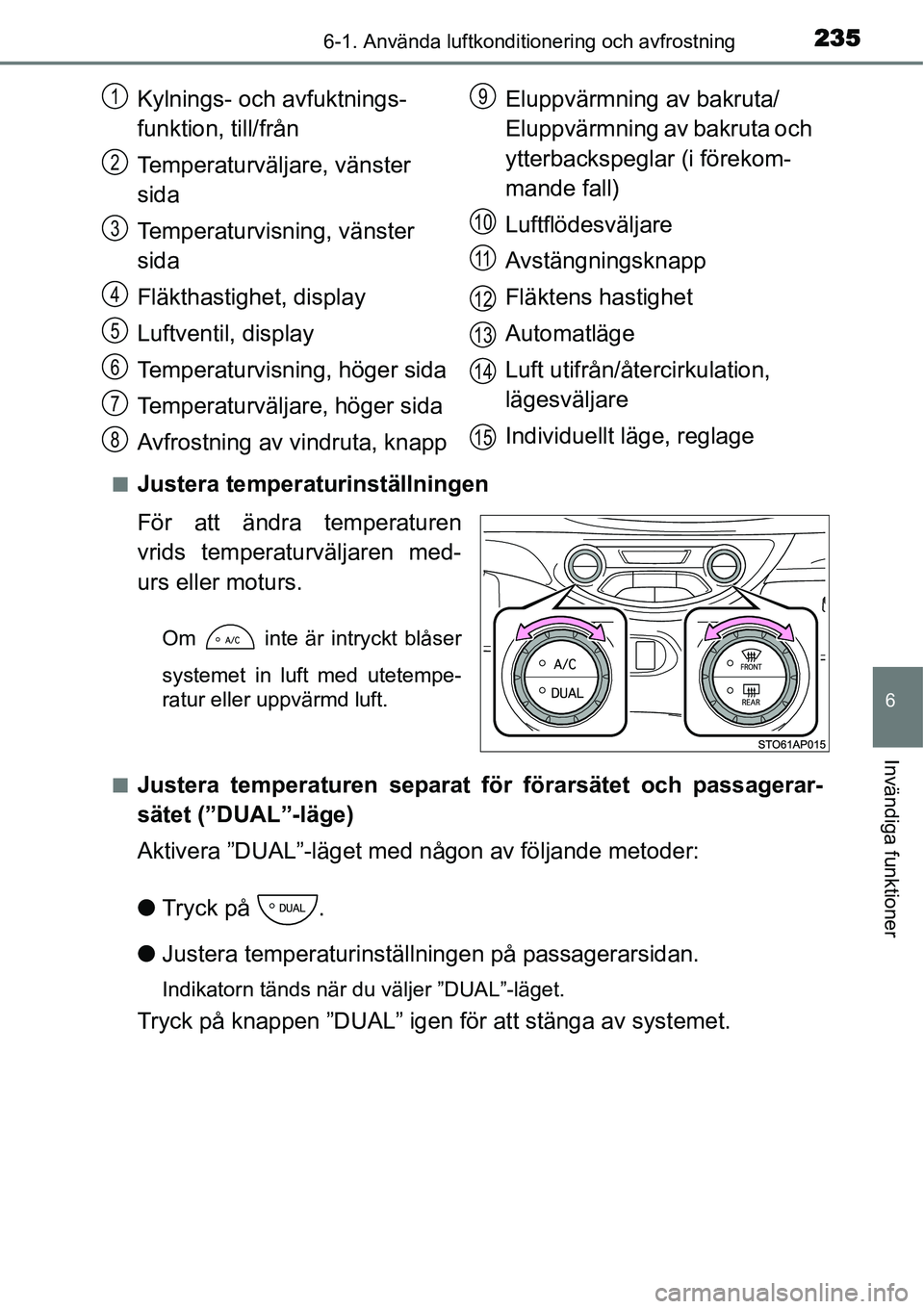 TOYOTA YARIS HYBRID 2015 Bruksanvisningar (in Swedish) 2356-1. Använda luftkonditionering och avfrostning
6
Invändiga funktioner
■Justera temperaturinställningen
För att ändra temperaturen
vrids temperaturväljaren med-
urs eller moturs.
Om inte TOYOTA YARIS HYBRID 2015 Bruksanvisningar (in Swedish) 2356-1. Använda luftkonditionering och avfrostning
6
Invändiga funktioner
■Justera temperaturinställningen
För att ändra temperaturen
vrids temperaturväljaren med-
urs eller moturs.
Om inte