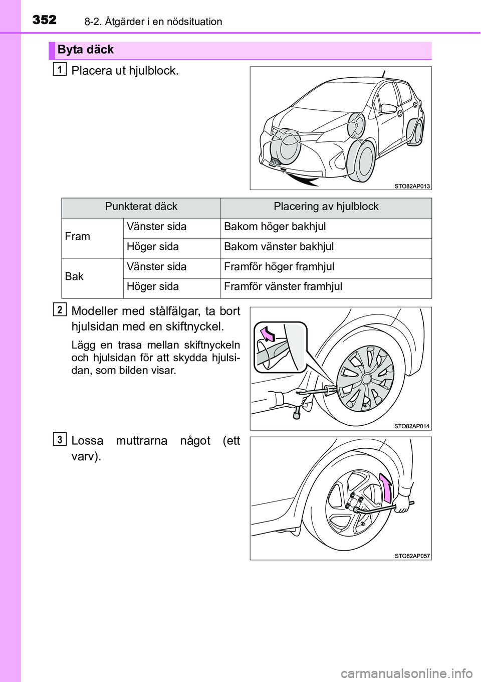 TOYOTA YARIS HYBRID 2015  Bruksanvisningar (in Swedish) 3528-2. Åtgärder i en nödsituation
Placera ut hjulblock.
Modeller med stålfälgar, ta bort
hjulsidan med en skiftnyckel.
Lägg en trasa mellan skiftnyckeln
och hjulsidan för att skydda hjulsi-
da