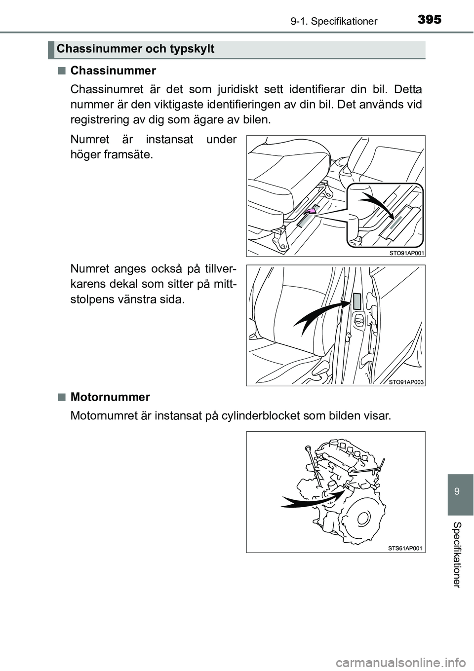 TOYOTA YARIS HYBRID 2015 Bruksanvisningar (in Swedish) 3959-1. Specifikationer
9
Specifikationer
■Chassinummer
Chassinumret är det som juridiskt sett identifierar din bil. Detta
nummer är den viktigaste identifieringen av din bil. Det används vid
reg TOYOTA YARIS HYBRID 2015 Bruksanvisningar (in Swedish) 3959-1. Specifikationer
9
Specifikationer
■Chassinummer
Chassinumret är det som juridiskt sett identifierar din bil. Detta
nummer är den viktigaste identifieringen av din bil. Det används vid
reg