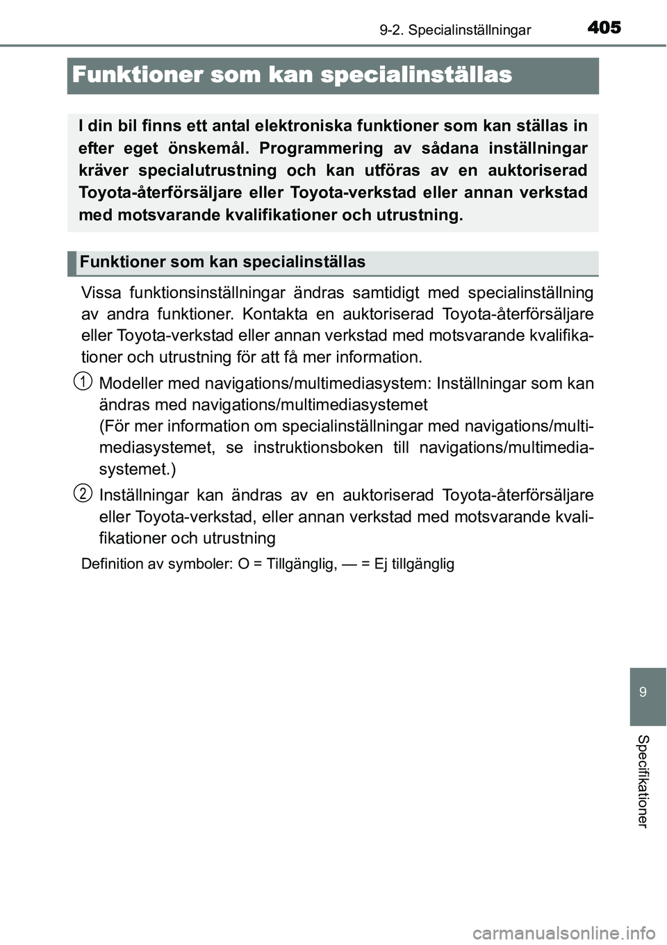 TOYOTA YARIS HYBRID 2015  Bruksanvisningar (in Swedish) 4059-2. Specialinställningar
9
Specifikationer
Funktioner som kan specialinställas
Vissa funktionsinställningar ändras samtidigt med specialinställning
av andra funktioner. Kontakta en auktoriser