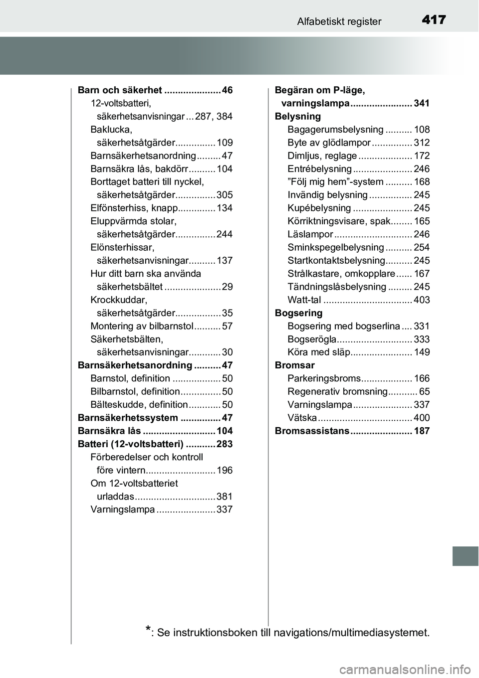TOYOTA YARIS HYBRID 2015 Bruksanvisningar (in Swedish) 417Alfabetiskt register
Barn och säkerhet ..................... 46
12-voltsbatteri,
säkerhetsanvisningar
... 287, 384
Baklucka,
säkerhetsåtgärder............... 109
Barnsäkerhetsanordning .... TOYOTA YARIS HYBRID 2015 Bruksanvisningar (in Swedish) 417Alfabetiskt register
Barn och säkerhet ..................... 46
12-voltsbatteri,
säkerhetsanvisningar
... 287, 384
Baklucka,
säkerhetsåtgärder............... 109
Barnsäkerhetsanordning ....