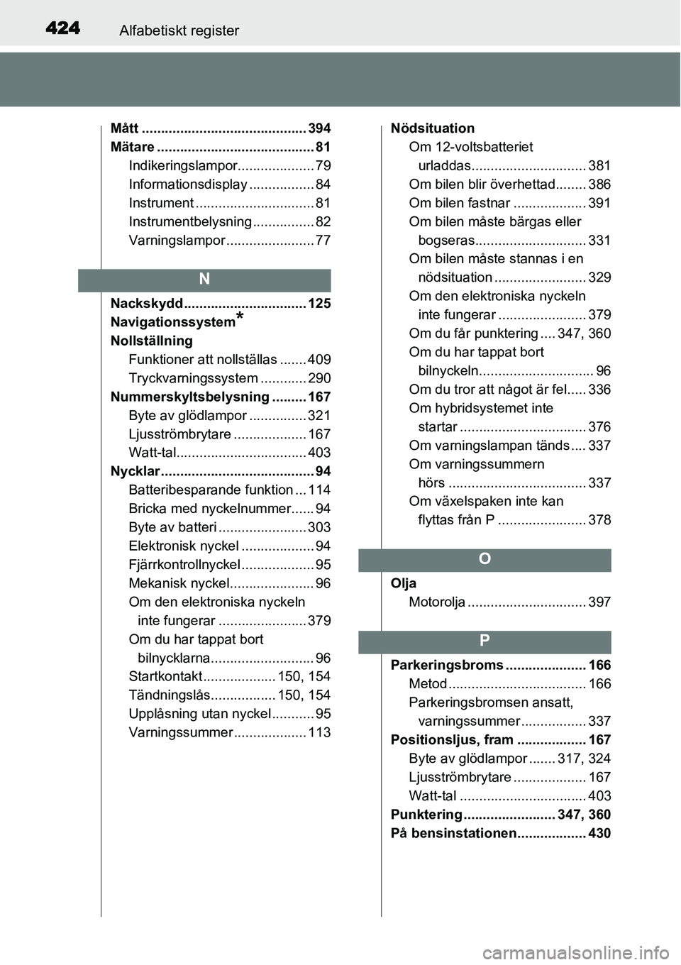 TOYOTA YARIS HYBRID 2015 Bruksanvisningar (in Swedish) 424Alfabetiskt register
Mått ........................................... 394
Mätare ......................................... 81
Indikeringslampor.................... 79
Informationsdisplay ........ TOYOTA YARIS HYBRID 2015 Bruksanvisningar (in Swedish) 424Alfabetiskt register
Mått ........................................... 394
Mätare ......................................... 81
Indikeringslampor.................... 79
Informationsdisplay ........