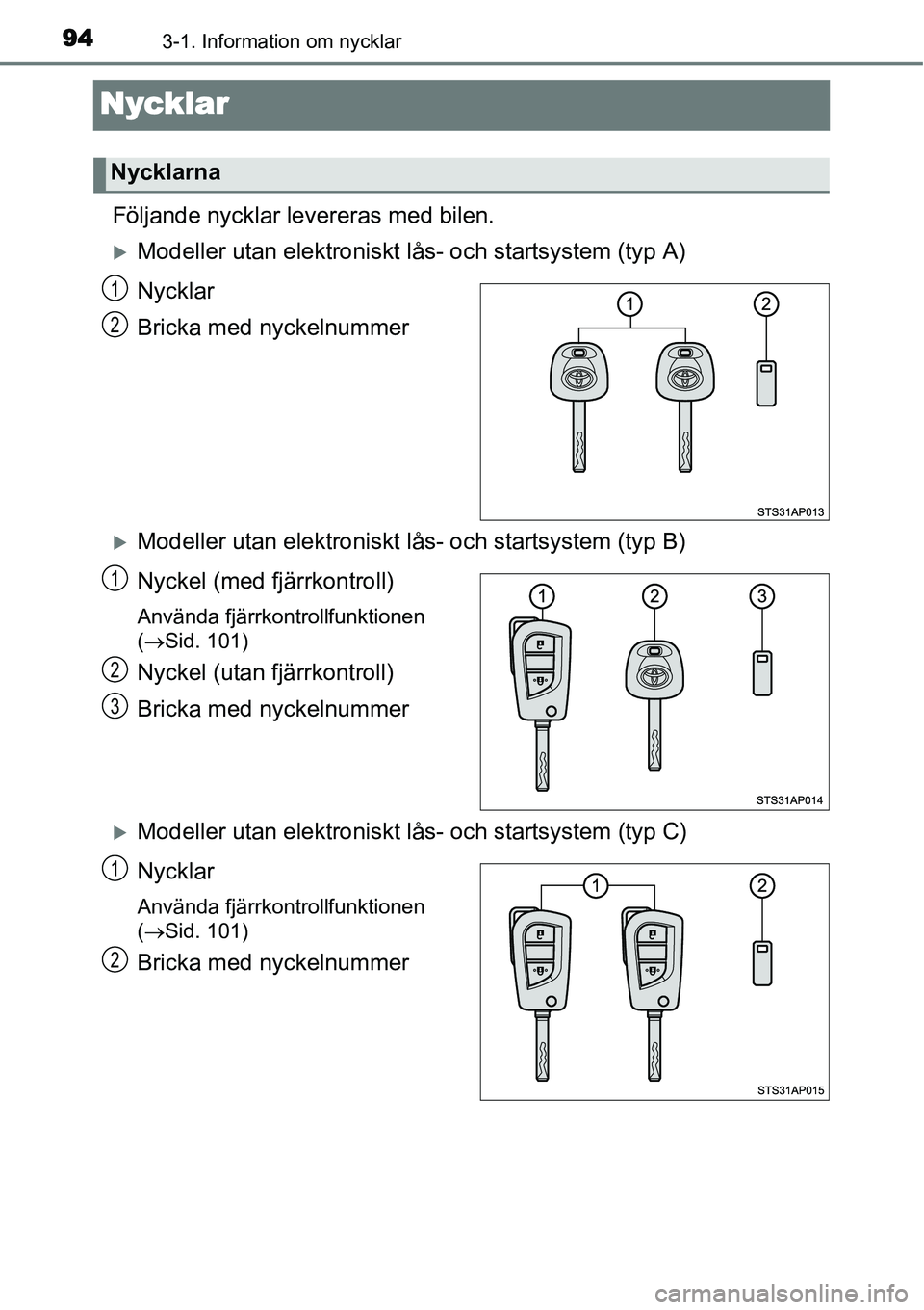 TOYOTA YARIS HYBRID 2015  Bruksanvisningar (in Swedish) 943-1. Information om nycklar
Nycklar
Följande nycklar levereras med bilen.
�XModeller utan elektroniskt lås- och startsystem (typ A)
Nycklar
Bricka med nyckelnummer
�XModeller utan elektroniskt lå