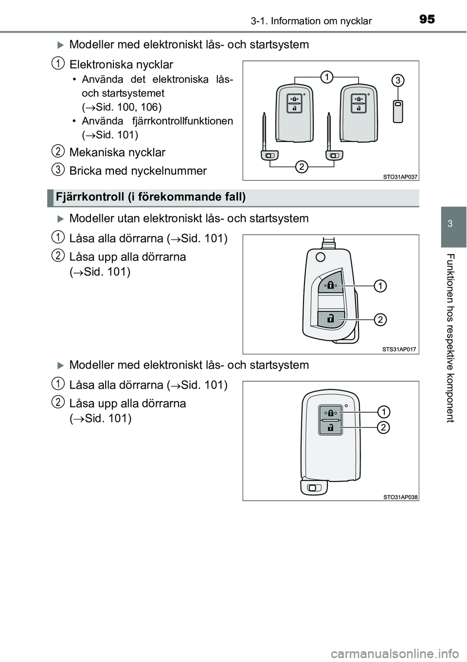 TOYOTA YARIS HYBRID 2015  Bruksanvisningar (in Swedish) 953-1. Information om nycklar
3
Funktionen hos respektive komponent
�XModeller med elektroniskt lås- och startsystem
Elektroniska nycklar
• Använda det elektroniska lås-
och startsystemet 
(→Si