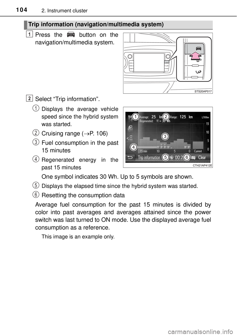 TOYOTA YARIS HYBRID 2014  Owners Manual 1042. Instrument cluster
Press the   button on the
navigation/multimedia system.
Select “Trip information”.
Displays the average vehicle
speed since the hybrid system
was started.
Cruising range (