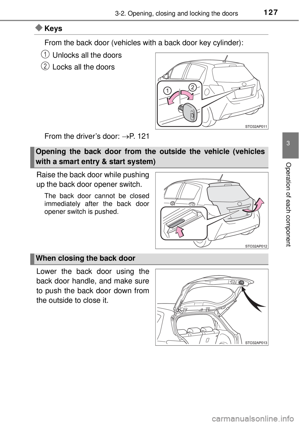 TOYOTA YARIS HYBRID 2014  Owners Manual 1273-2. Opening, closing and locking the doors
3
Operation of each component
Keys
From the back door (vehicles with a back door key cylinder):
Unlocks all the doors
Locks all the doors
From the dri