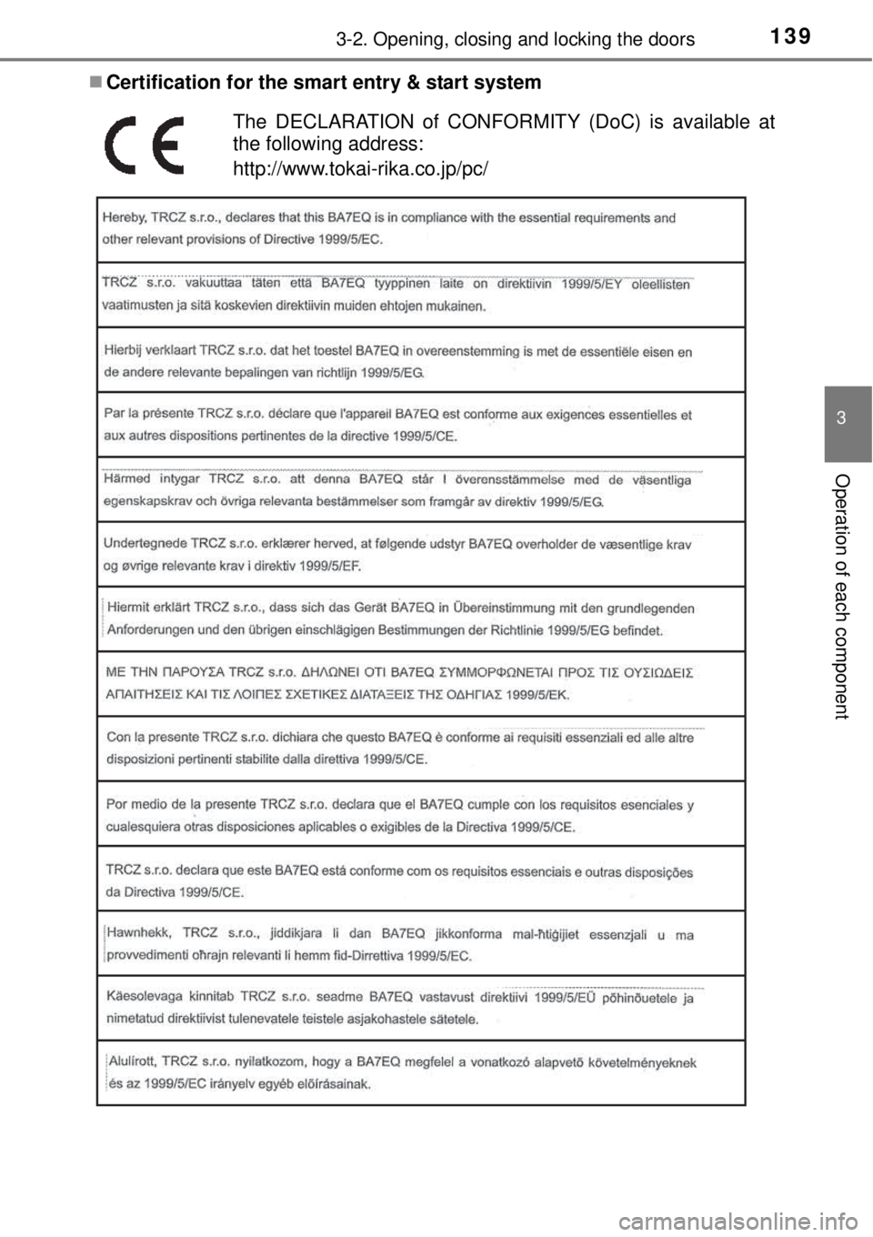TOYOTA YARIS HYBRID 2014  Owners Manual 1393-2. Opening, closing and locking the doors
3
Operation of each component
Certification for the smart entry & start system
The DECLARATION of CONFORMITY (DoC) is available at
the following addre