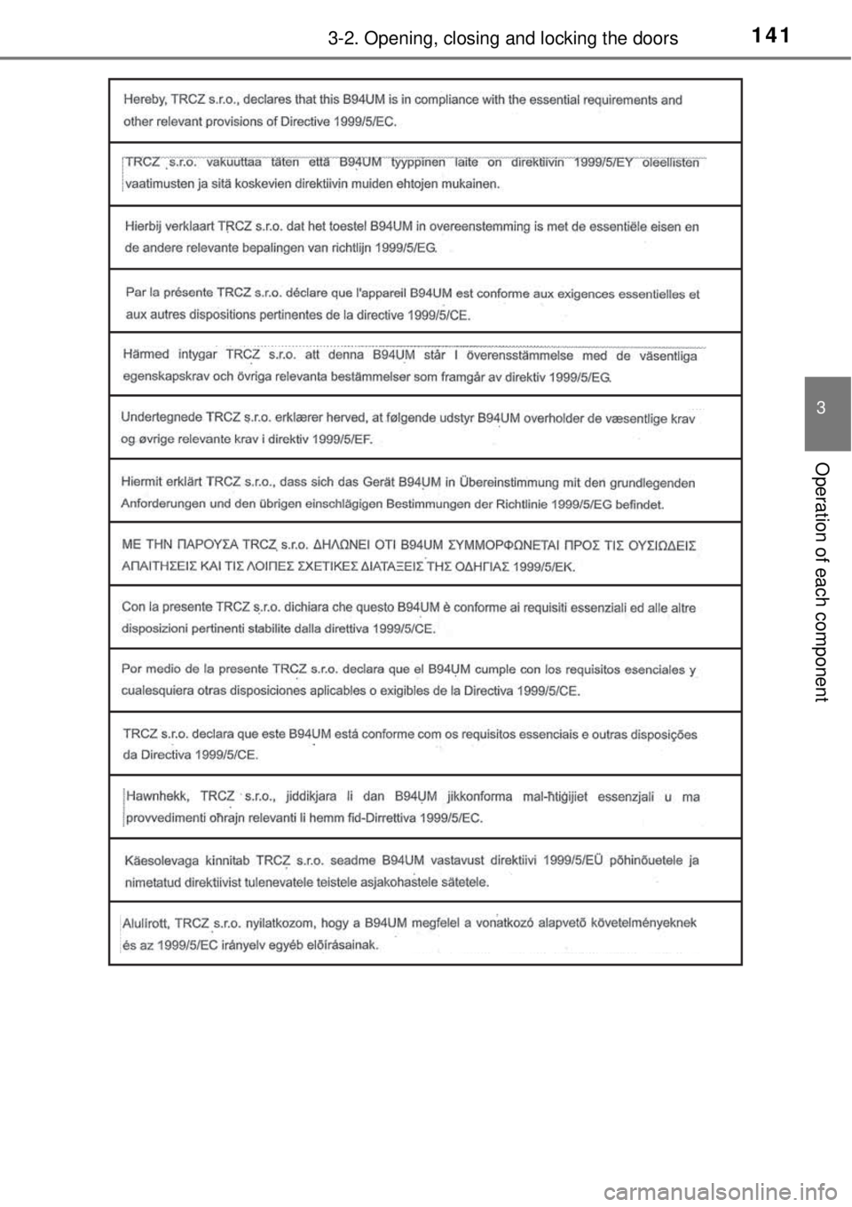 TOYOTA YARIS HYBRID 2014  Owners Manual 1413-2. Opening, closing and locking the doors
3
Operation of each component 