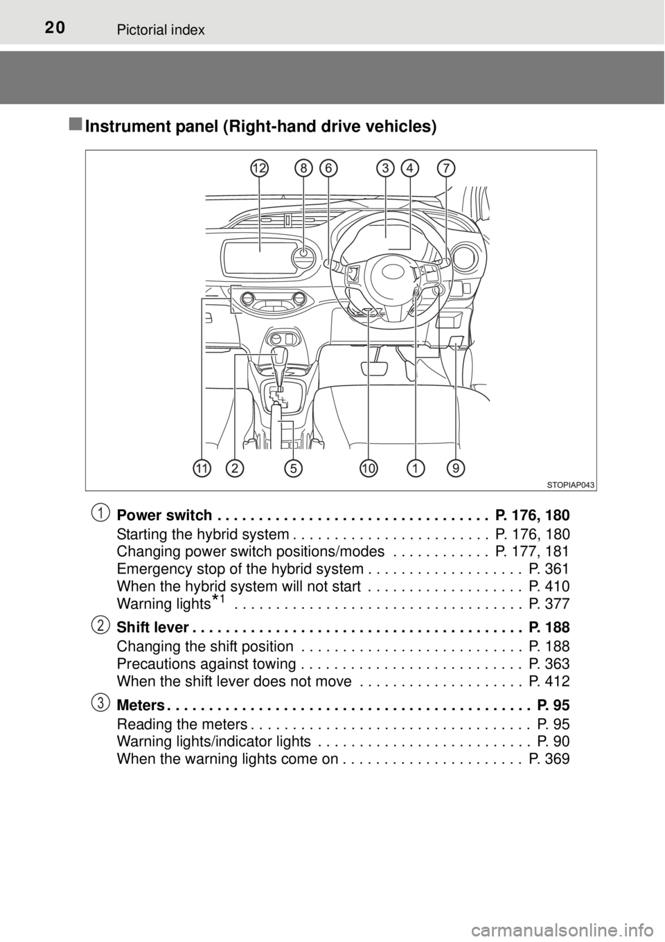 TOYOTA YARIS HYBRID 2014 User Guide 20Pictorial index
Instrument panel (Right-hand drive vehicles)
Power switch . . . . . . . . . . . . . . . . . . . . . . . . . . . . . . . . . P. 176, 180
Starting the hybrid system . . . . . . . . TOYOTA YARIS HYBRID 2014 User Guide 20Pictorial index
Instrument panel (Right-hand drive vehicles)
Power switch . . . . . . . . . . . . . . . . . . . . . . . . . . . . . . . . . P. 176, 180
Starting the hybrid system . . . . . . . .