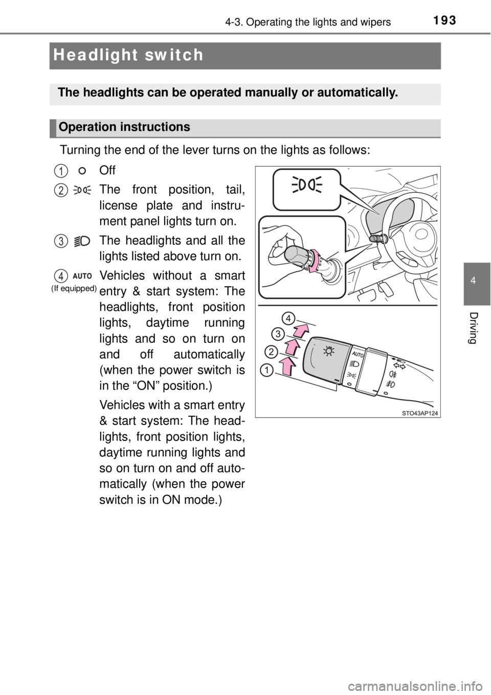 TOYOTA YARIS HYBRID 2014 Owners Manual 193
4
4-3. Operating the lights and wipers
Driving
Headlight switch
Turning the end of the lever turns on the lights as follows:
Off
The front position, tail,
license plate and instru-
ment panel ligh TOYOTA YARIS HYBRID 2014 Owners Manual 193
4
4-3. Operating the lights and wipers
Driving
Headlight switch
Turning the end of the lever turns on the lights as follows:
Off
The front position, tail,
license plate and instru-
ment panel ligh