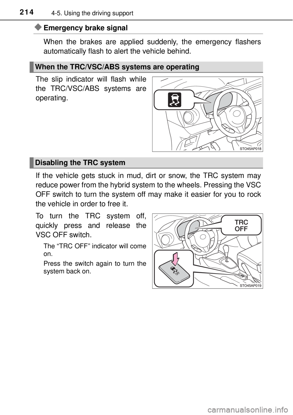 TOYOTA YARIS HYBRID 2014  Owners Manual 2144-5. Using the driving support
Emergency brake signal
When the brakes are applied suddenly, the emergency flashers
automatically flash to alert the vehicle behind.
The slip indicator will flash 