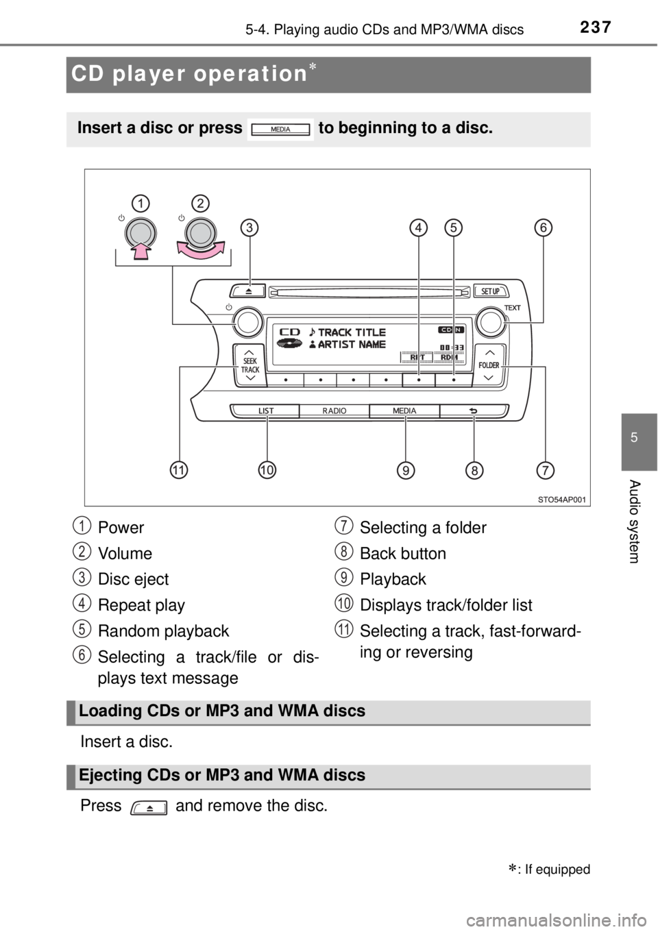 TOYOTA YARIS HYBRID 2014  Owners Manual 237
5
5-4. Playing audio CDs and MP3/WMA discs
Audio system
CD player operation
Insert a disc.
Press   and remove the disc.
: If equipped
Insert a disc or press   to beginning to a disc.
Power
V