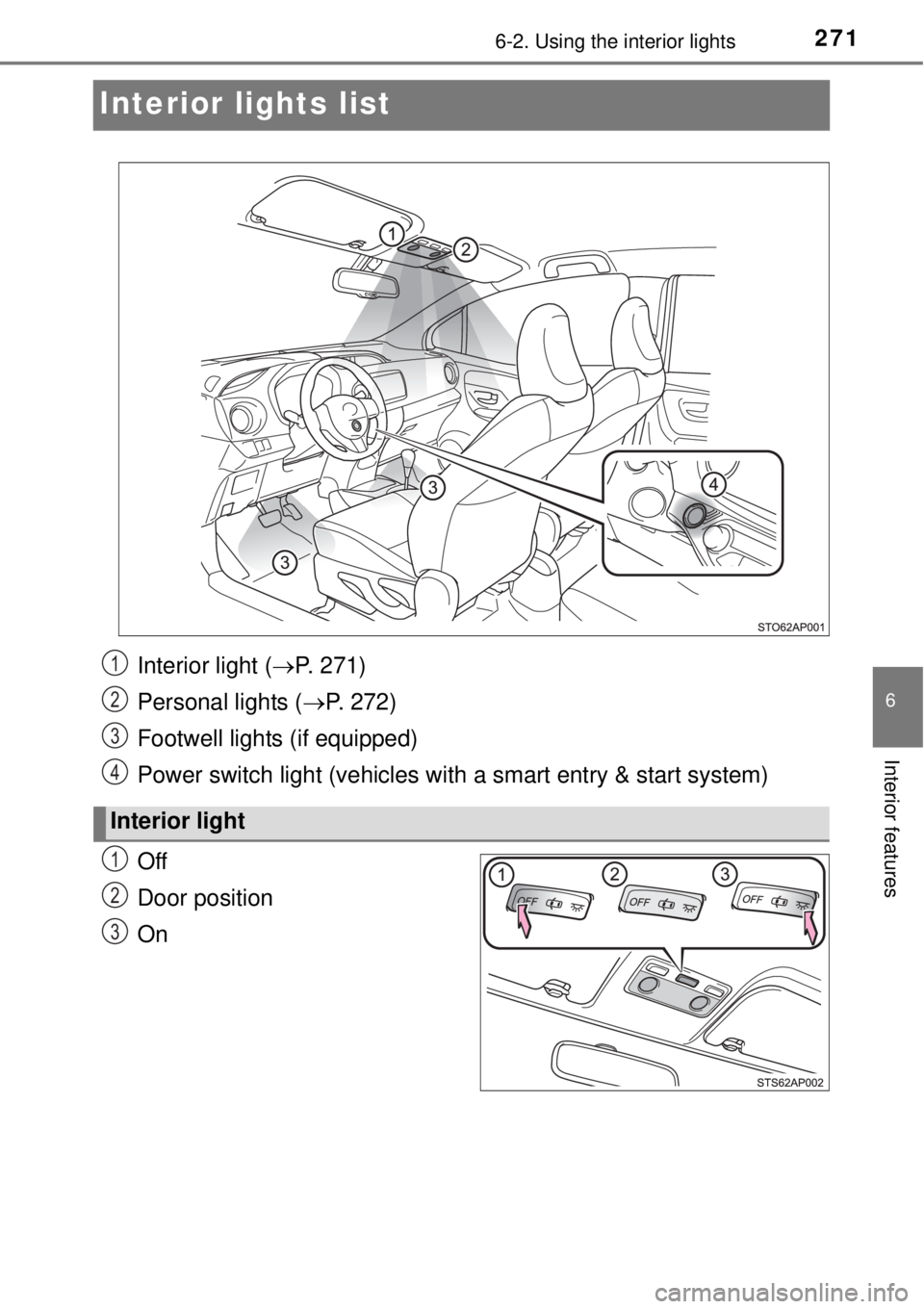 TOYOTA YARIS HYBRID 2014  Owners Manual 2716-2. Using the interior lights
6
Interior features
Interior lights list
Off
Door position
On
Interior light (P. 271)
Personal lights (P. 272)
Footwell lights (if equipped)
Power switch light 