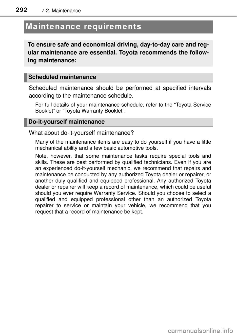 TOYOTA YARIS HYBRID 2014  Owners Manual 2927-2. Maintenance
Maintenance requirements
Scheduled maintenance should be performed at specified intervals
according to the maintenance schedule.
For full details of your maintenance schedule, refe