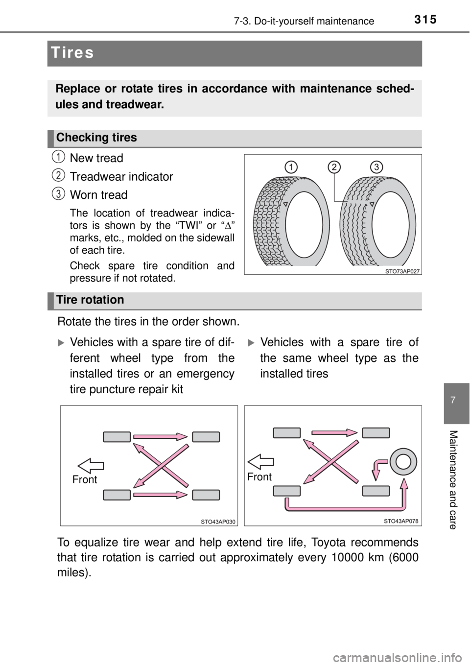 TOYOTA YARIS HYBRID 2014 Owners Manual 3157-3. Do-it-yourself maintenance
7
Maintenance and care
Tires
New tread
Treadwear indicator
Worn tread
The location of treadwear indica-
tors is shown by the “TWI” or “”
marks, etc., mold TOYOTA YARIS HYBRID 2014 Owners Manual 3157-3. Do-it-yourself maintenance
7
Maintenance and care
Tires
New tread
Treadwear indicator
Worn tread
The location of treadwear indica-
tors is shown by the “TWI” or “”
marks, etc., mold