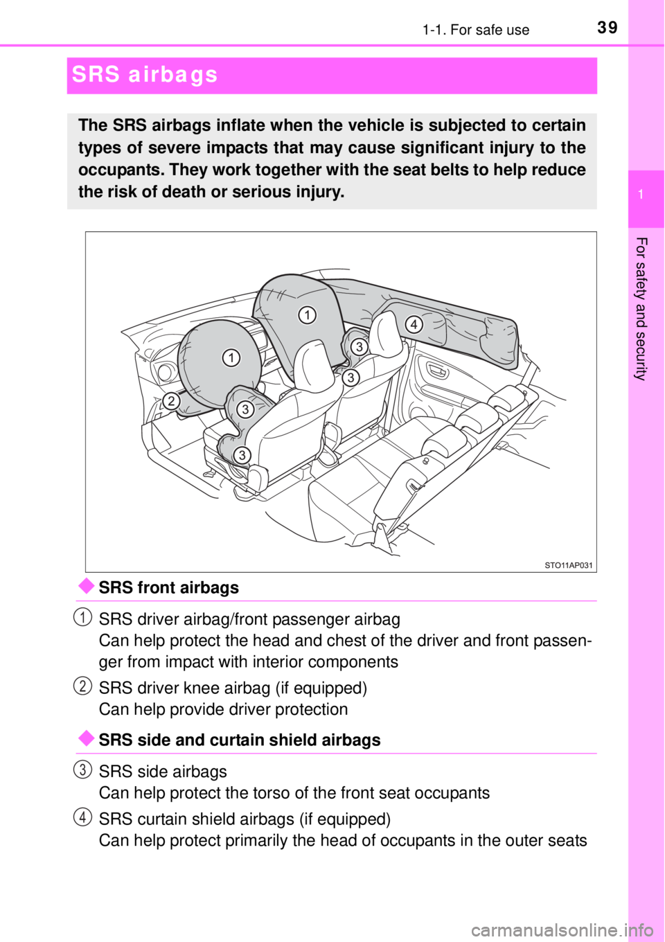 TOYOTA YARIS HYBRID 2014 Owners Guide 391-1. For safe use
1
For safety and security
SRS airbags
SRS front airbags
SRS driver airbag/front passenger airbag
Can help protect the head and chest of the driver and front passen-
ger from imp TOYOTA YARIS HYBRID 2014 Owners Guide 391-1. For safe use
1
For safety and security
SRS airbags
SRS front airbags
SRS driver airbag/front passenger airbag
Can help protect the head and chest of the driver and front passen-
ger from imp