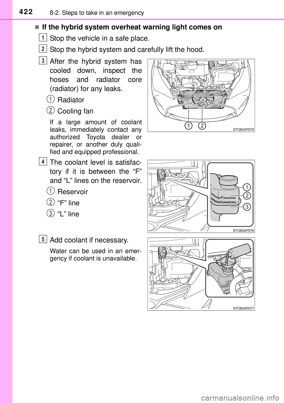 TOYOTA YARIS HYBRID 2014  Owners Manual 4228-2. Steps to take in an emergency
If the hybrid system overheat warning light comes on
Stop the vehicle in a safe place.
Stop the hybrid system and carefully lift the hood.
After the hybrid sys