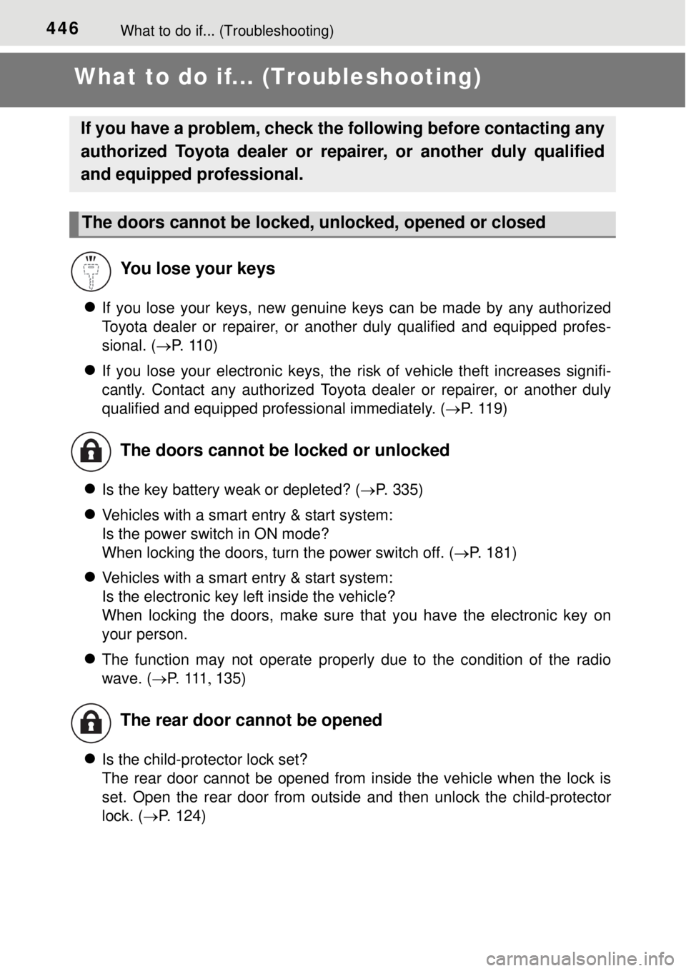 TOYOTA YARIS HYBRID 2014 Owners Manual 446What to do if... (Troubleshooting)
What to do if... (Troubleshooting)
If you lose your keys, new genuine keys can be made by any authorized
Toyota dealer or repairer, or another duly qualified a TOYOTA YARIS HYBRID 2014 Owners Manual 446What to do if... (Troubleshooting)
What to do if... (Troubleshooting)
If you lose your keys, new genuine keys can be made by any authorized
Toyota dealer or repairer, or another duly qualified a