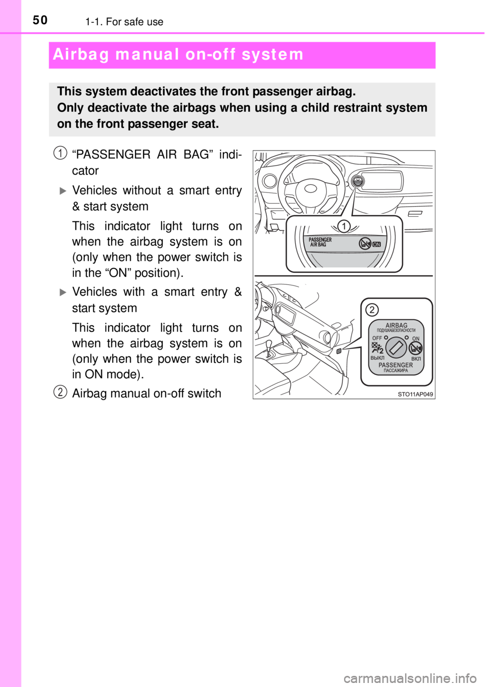 TOYOTA YARIS HYBRID 2014 Service Manual 501-1. For safe use
Airbag manual on-off system
“PASSENGER AIR BAG” indi-
cator
Vehicles without a smart entry
& start system
This indicator light turns on
when the airbag system is on
(only wh TOYOTA YARIS HYBRID 2014 Service Manual 501-1. For safe use
Airbag manual on-off system
“PASSENGER AIR BAG” indi-
cator
Vehicles without a smart entry
& start system
This indicator light turns on
when the airbag system is on
(only wh