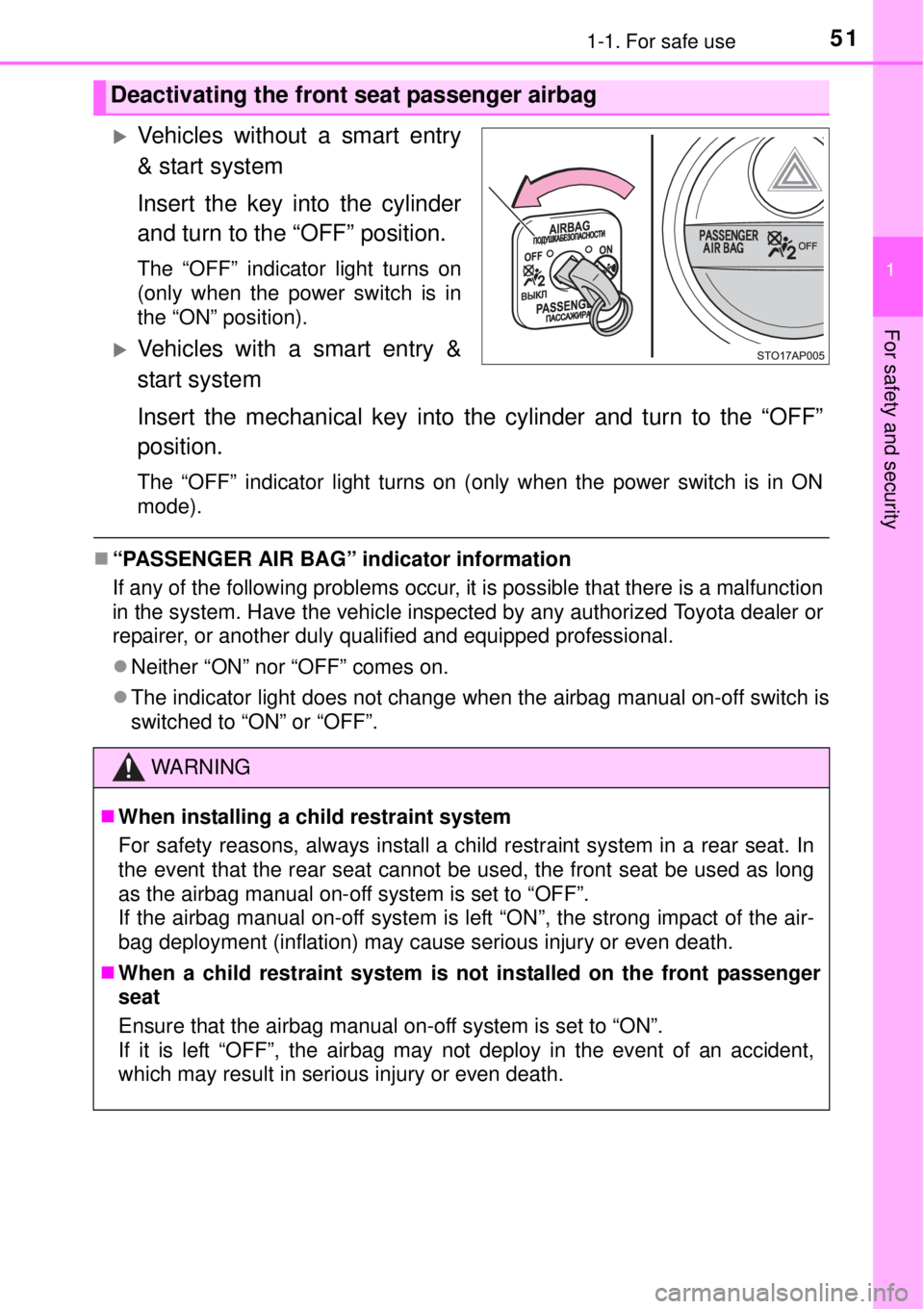 TOYOTA YARIS HYBRID 2014  Owners Manual 511-1. For safe use
1
For safety and security
Vehicles without a smart entry
& start system
Insert the key into the cylinder
and turn to the “OFF” position.
The “OFF” indicator light turns 