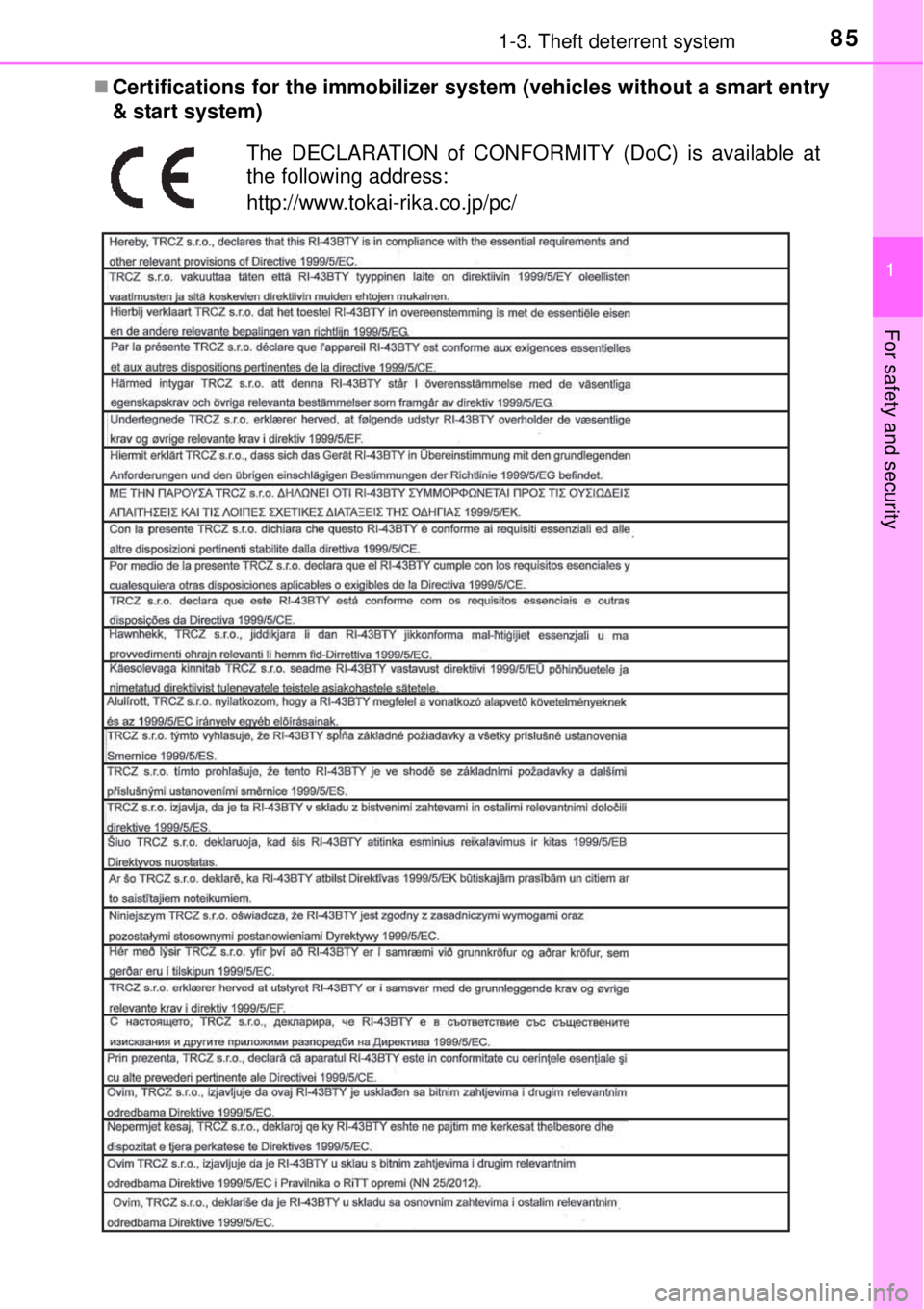 TOYOTA YARIS HYBRID 2014 Manual Online 851-3. Theft deterrent system
1
For safety and security
Certifications for the immobilizer system (vehicles without a smart entry
& start system)
The DECLARATION of CONFORMITY (DoC) is available at