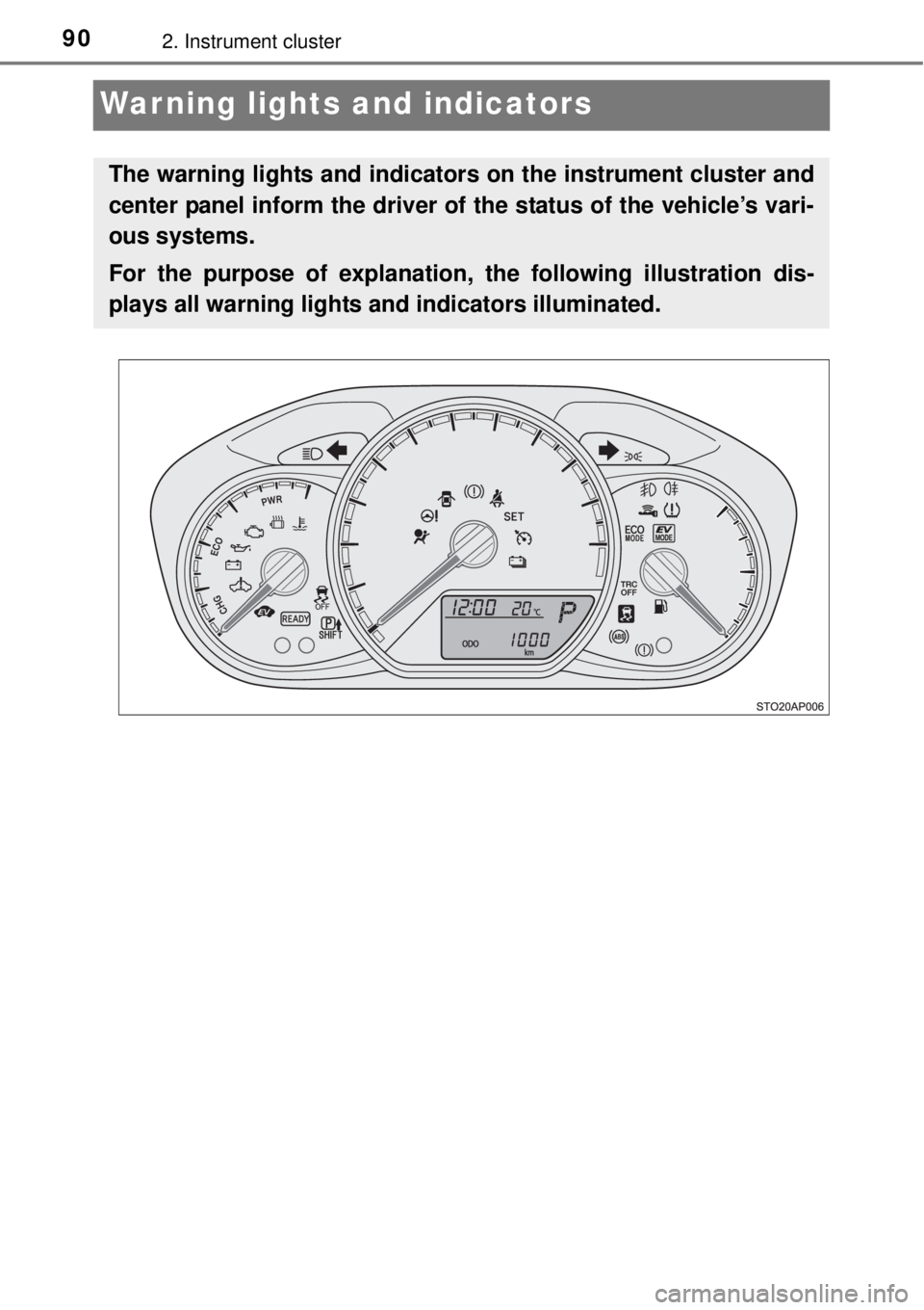 TOYOTA YARIS HYBRID 2014 Manual Online 902. Instrument cluster
War ning lights and indicators
The warning lights and indicators on the instrument cluster and
center panel inform the driver of the status of the vehicle’s vari-
ous systems