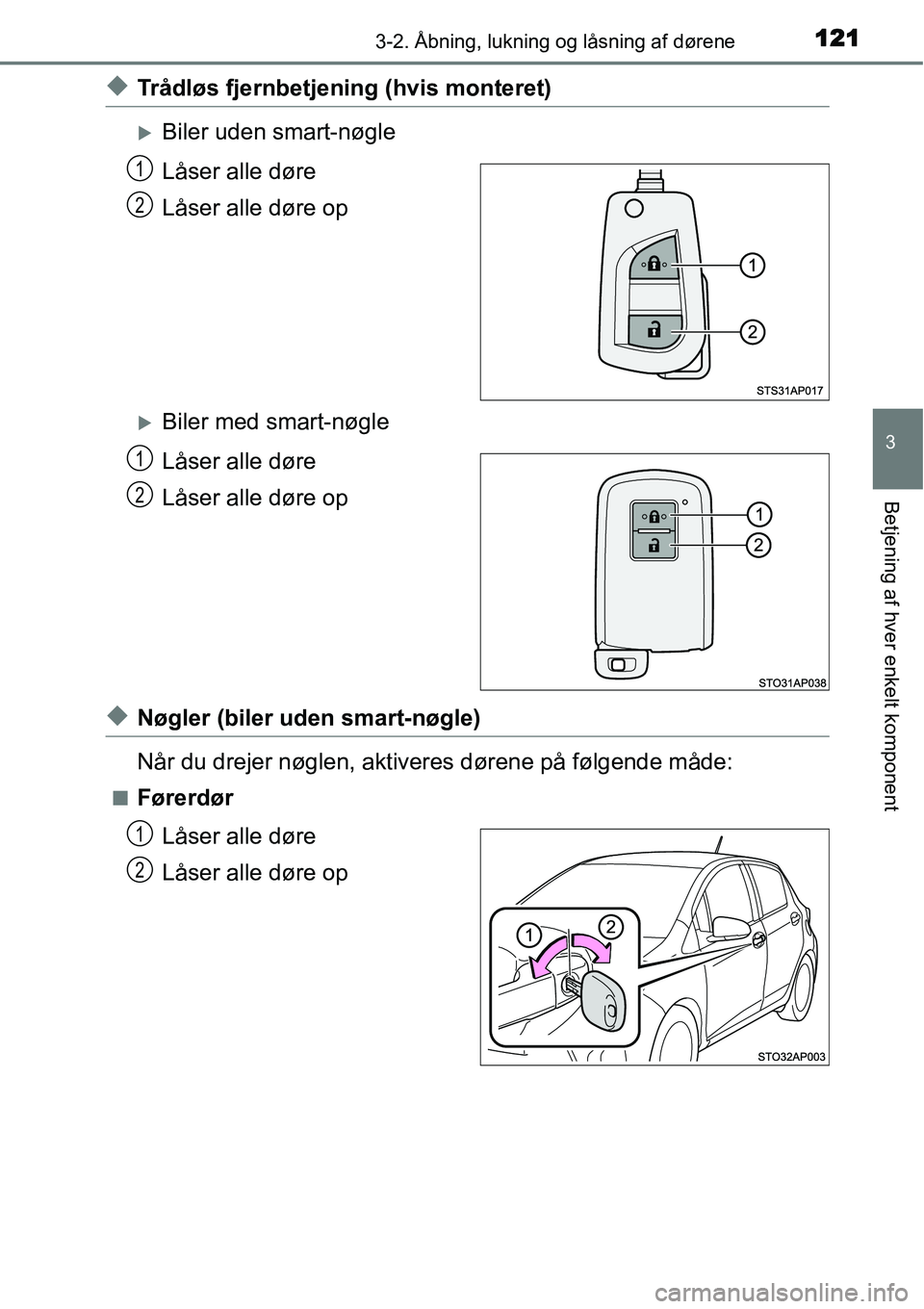 TOYOTA YARIS HYBRID 2014  Brugsanvisning (in Danish) 1213-2. Åbning, lukning og låsning af dørene
3
Betjening af hver enkelt komponent
◆Trådløs fjernbetjening (hvis monteret)
�XBiler uden smart-nøgle
Låser alle døre
Låser alle døre op
�XBile