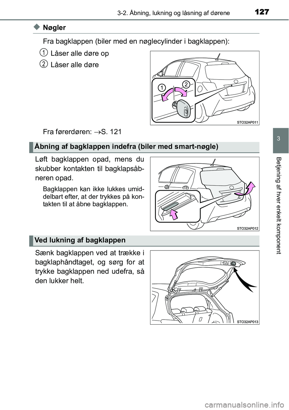 TOYOTA YARIS HYBRID 2014  Brugsanvisning (in Danish) 1273-2. Åbning, lukning og låsning af dørene
3
Betjening af hver enkelt komponent
◆Nøgler
Fra bagklappen (biler med en nøglecylinder i bagklappen):
Låser alle døre op
Låser alle døre
Fra f