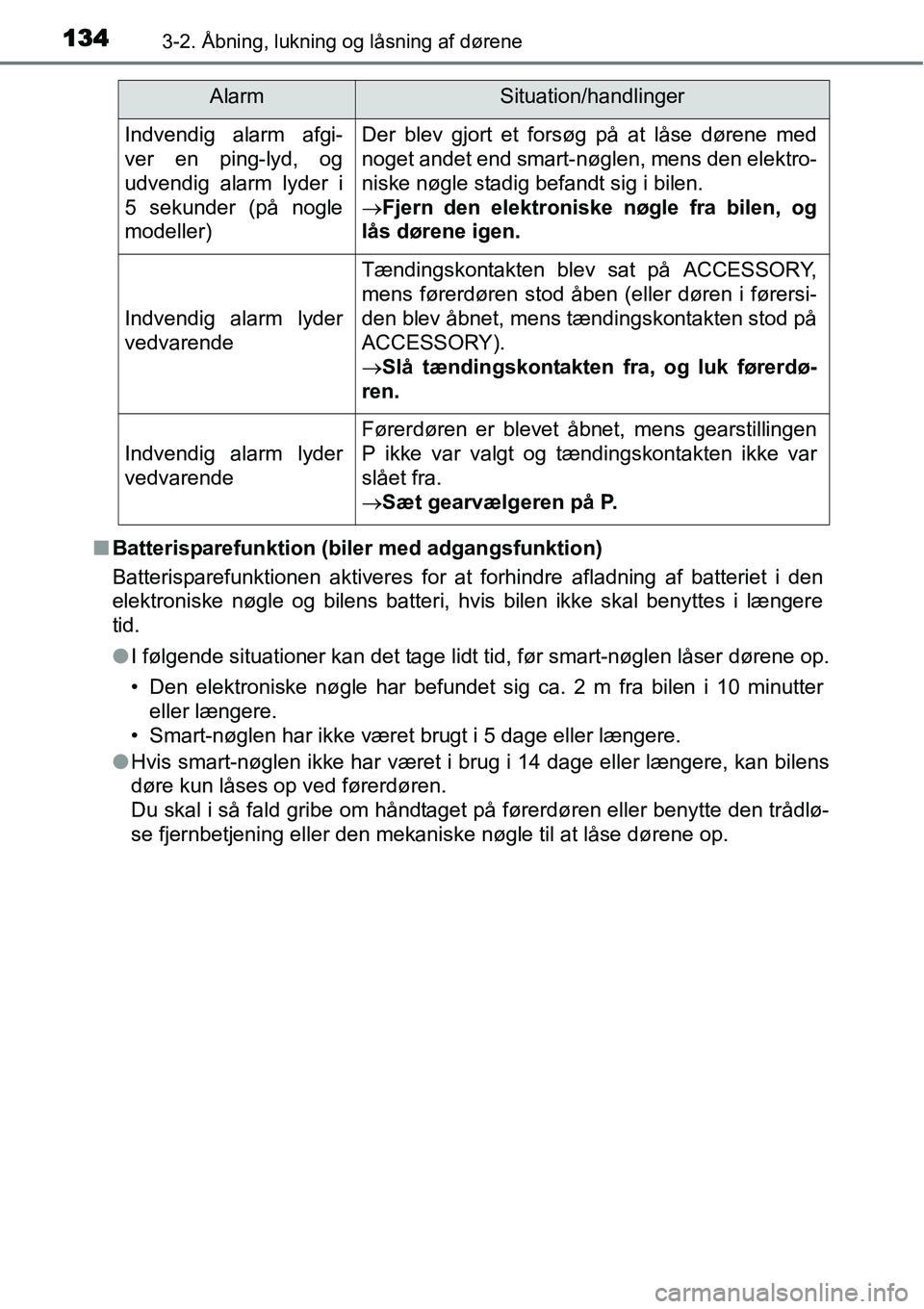TOYOTA YARIS HYBRID 2014 Brugsanvisning (in Danish) 1343-2. Åbning, lukning og låsning af dørene
■Batterisparefunktion (biler med adgangsfunktion)
Batterisparefunktionen aktiveres for at forhindre afladning af batteriet i den
elektroniske nøgle o TOYOTA YARIS HYBRID 2014 Brugsanvisning (in Danish) 1343-2. Åbning, lukning og låsning af dørene
■Batterisparefunktion (biler med adgangsfunktion)
Batterisparefunktionen aktiveres for at forhindre afladning af batteriet i den
elektroniske nøgle o
