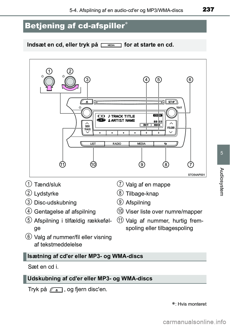 TOYOTA YARIS HYBRID 2014 Brugsanvisning (in Danish) 237
5
5-4. Afspilning af en audio-cder og MP3/WMA-discs
Audiosystem
Betjening af cd-afspiller∗
Sæt en cd i.
Tryk på , og fjern discen.
∗: Hvis monteret
Indsæt en cd, eller tryk på for at TOYOTA YARIS HYBRID 2014 Brugsanvisning (in Danish) 237
5
5-4. Afspilning af en audio-cder og MP3/WMA-discs
Audiosystem
Betjening af cd-afspiller∗
Sæt en cd i.
Tryk på , og fjern discen.
∗: Hvis monteret
Indsæt en cd, eller tryk på for at