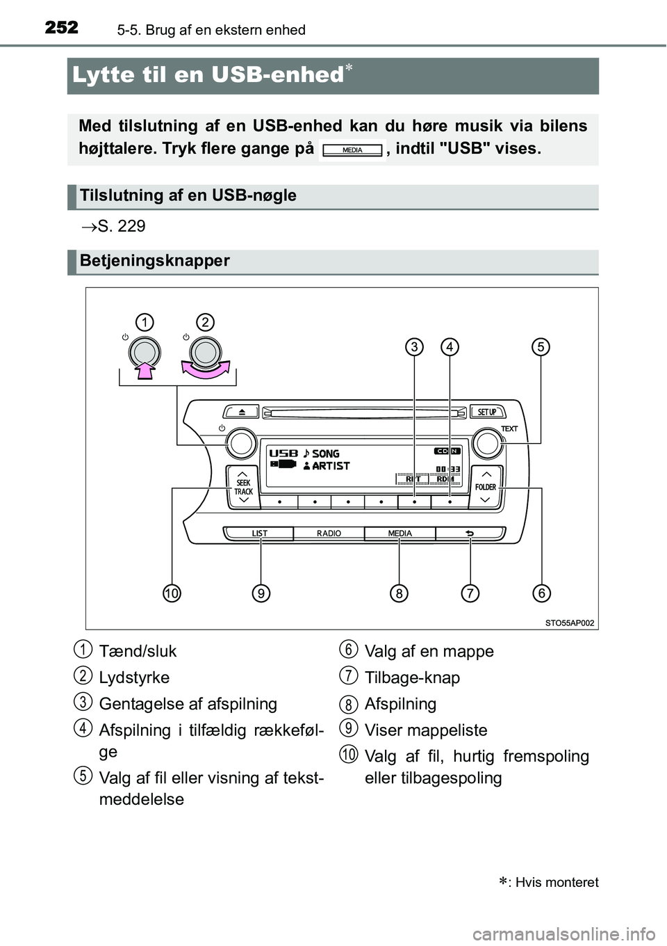 TOYOTA YARIS HYBRID 2014 Brugsanvisning (in Danish) 2525-5. Brug af en ekstern enhed
Lytte til en USB-enhed∗
→S. 229
∗: Hvis monteret
Med tilslutning af en USB-enhed kan du høre musik via bilens
højttalere. Tryk flere gange på , indtil "USB" TOYOTA YARIS HYBRID 2014 Brugsanvisning (in Danish) 2525-5. Brug af en ekstern enhed
Lytte til en USB-enhed∗
→S. 229
∗: Hvis monteret
Med tilslutning af en USB-enhed kan du høre musik via bilens
højttalere. Tryk flere gange på , indtil "USB"