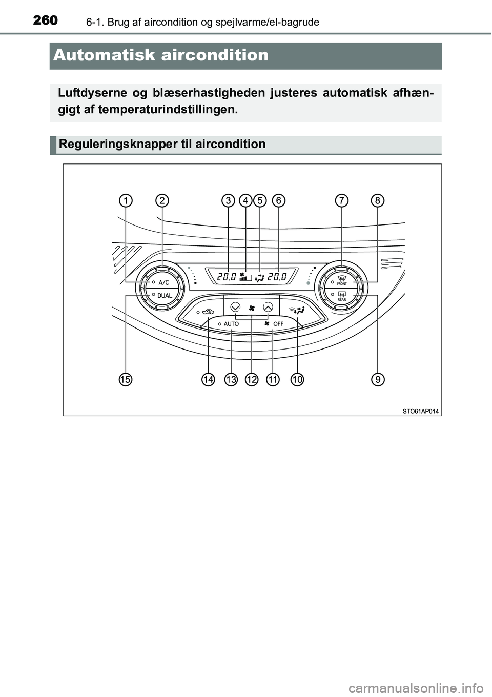 TOYOTA YARIS HYBRID 2014 Brugsanvisning (in Danish) 2606-1. Brug af aircondition og spejlvarme/el-bagrude
Automatisk aircondition
Luftdyserne og blæserhastigheden justeres automatisk afhæn-
gigt af temperaturindstillingen.
Reguleringsknapper til airc TOYOTA YARIS HYBRID 2014 Brugsanvisning (in Danish) 2606-1. Brug af aircondition og spejlvarme/el-bagrude
Automatisk aircondition
Luftdyserne og blæserhastigheden justeres automatisk afhæn-
gigt af temperaturindstillingen.
Reguleringsknapper til airc