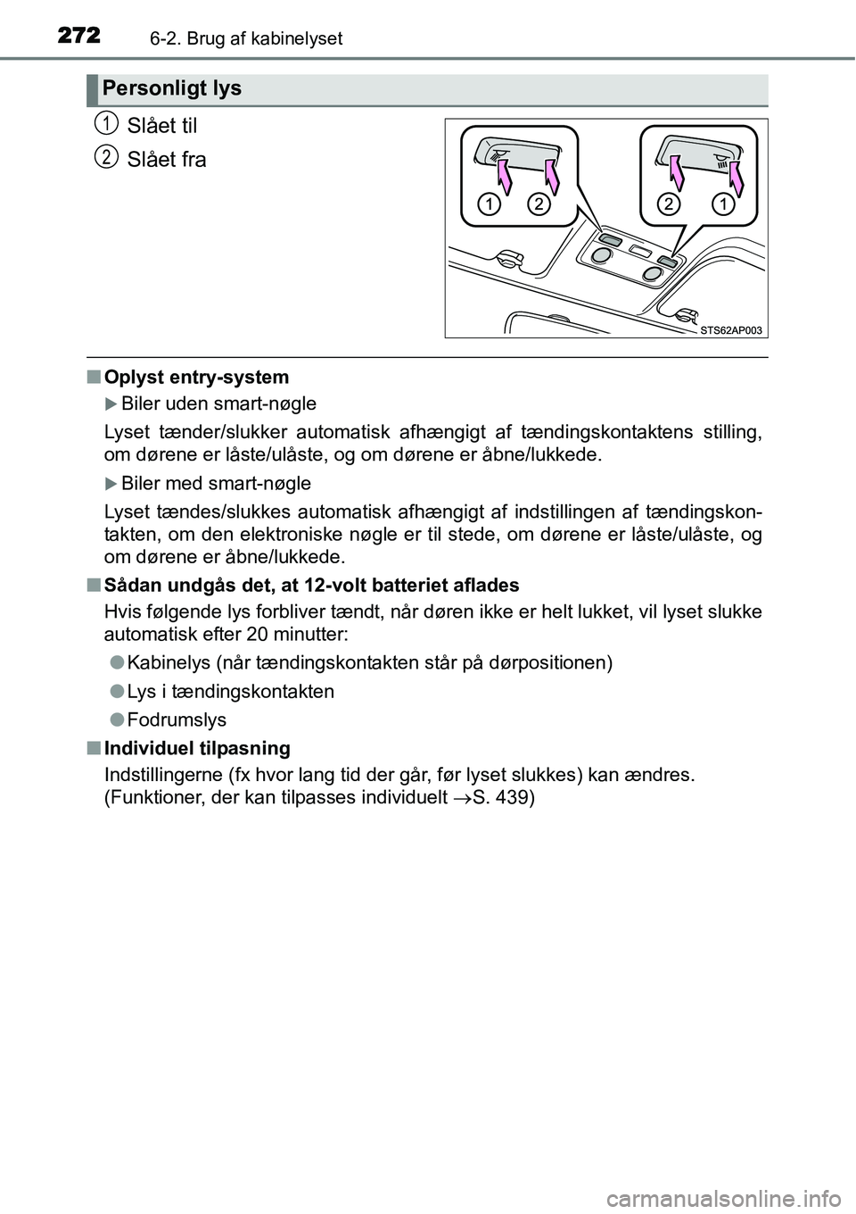 TOYOTA YARIS HYBRID 2014  Brugsanvisning (in Danish) 2726-2. Brug af kabinelyset
Slået til
Slået fra
■Oplyst entry-system
�XBiler uden smart-nøgle
Lyset tænder/slukker automatisk afhængigt af tændingskontaktens stilling,
om dørene er låste/ul