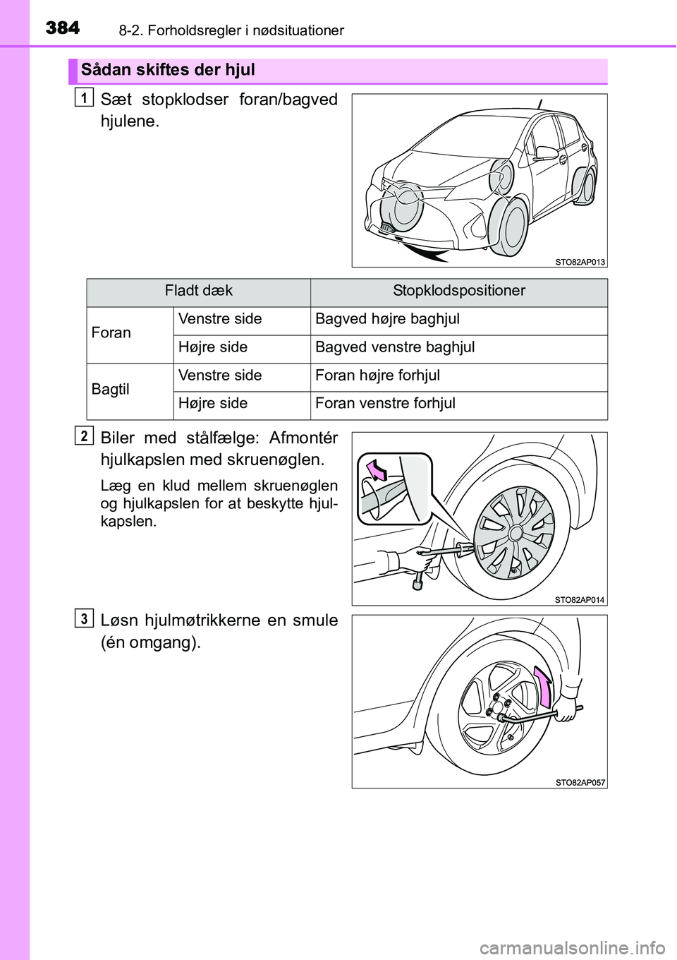 TOYOTA YARIS HYBRID 2014  Brugsanvisning (in Danish) 3848-2. Forholdsregler i nødsituationer
Sæt stopklodser foran/bagved
hjulene.
Biler med stålfælge: Afmontér
hjulkapslen med skruenøglen.
Læg en klud mellem skruenøglen
og hjulkapslen for at be