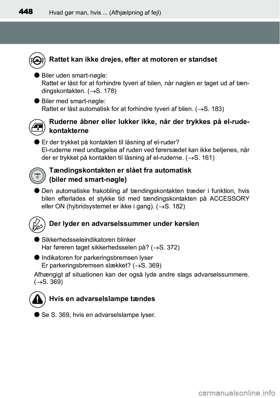 TOYOTA YARIS HYBRID 2014 Brugsanvisning (in Danish) 448Hvad gør man, hvis ... (Afhjælpning af fejl)
●Biler uden smart-nøgle:
Rattet er låst for at forhindre tyveri af bilen, når nøglen er taget ud af tæn-
dingskontakten. (→S. 178)
●Biler TOYOTA YARIS HYBRID 2014 Brugsanvisning (in Danish) 448Hvad gør man, hvis ... (Afhjælpning af fejl)
●Biler uden smart-nøgle:
Rattet er låst for at forhindre tyveri af bilen, når nøglen er taget ud af tæn-
dingskontakten. (→S. 178)
●Biler