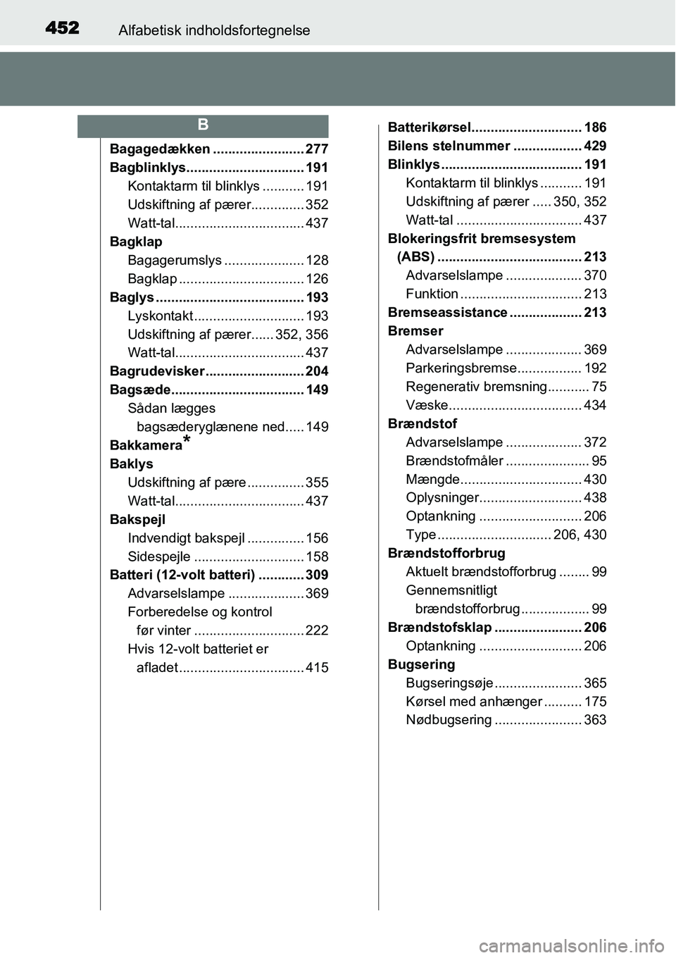 TOYOTA YARIS HYBRID 2014 Brugsanvisning (in Danish) 452Alfabetisk indholdsfortegnelse
Bagagedækken ........................ 277
Bagblinklys............................... 191
Kontaktarm til blinklys ........... 191
Udskiftning af pærer.............. TOYOTA YARIS HYBRID 2014 Brugsanvisning (in Danish) 452Alfabetisk indholdsfortegnelse
Bagagedækken ........................ 277
Bagblinklys............................... 191
Kontaktarm til blinklys ........... 191
Udskiftning af pærer..............