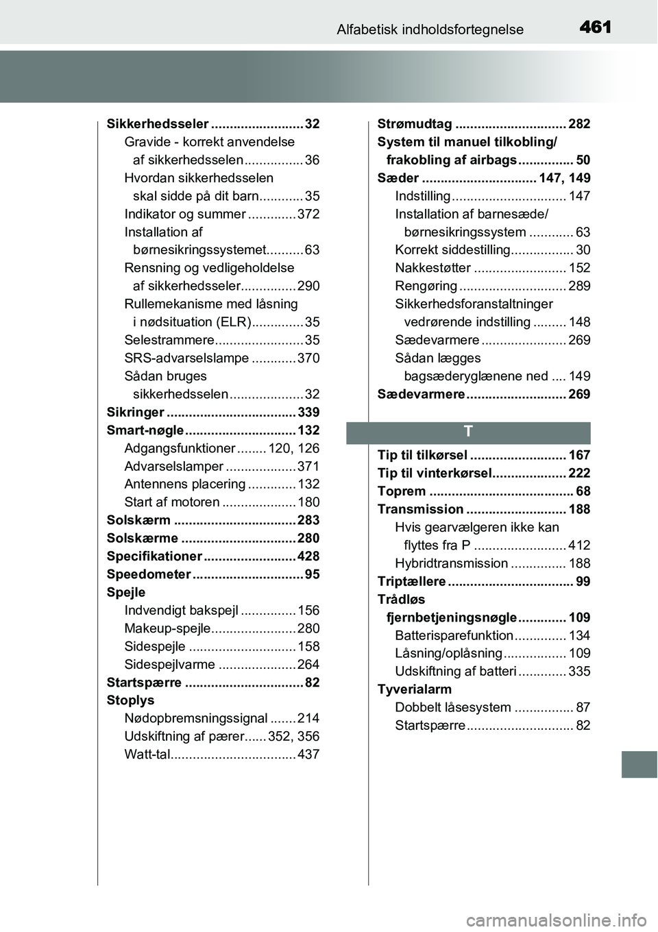 TOYOTA YARIS HYBRID 2014 Brugsanvisning (in Danish) 461Alfabetisk indholdsfortegnelse
Sikkerhedsseler ......................... 32
Gravide - korrekt anvendelse
af sikkerhedsselen ................ 36
Hvordan sikkerhedsselen
skal sidde på dit barn.... TOYOTA YARIS HYBRID 2014 Brugsanvisning (in Danish) 461Alfabetisk indholdsfortegnelse
Sikkerhedsseler ......................... 32
Gravide - korrekt anvendelse
af sikkerhedsselen ................ 36
Hvordan sikkerhedsselen
skal sidde på dit barn....