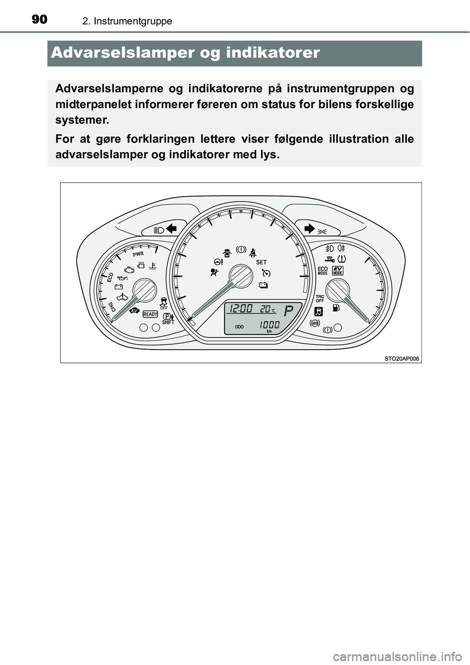 TOYOTA YARIS HYBRID 2014  Brugsanvisning (in Danish) 902. Instrumentgruppe
Advarselslamper og indikatorer
Advarselslamperne og indikatorerne på instrumentgruppen og
midterpanelet informerer føreren om status for bilens forskellige
systemer.
For at gø