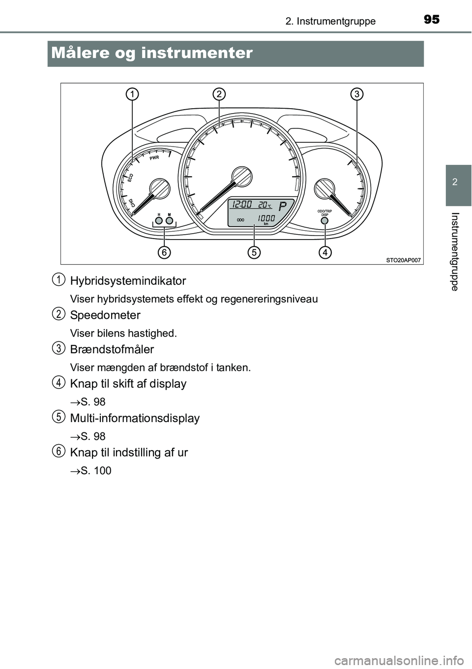 TOYOTA YARIS HYBRID 2014 Brugsanvisning (in Danish) 95
2
2. Instrumentgruppe
Instrumentgruppe
Målere og instrumenter
Hybridsystemindikator
Viser hybridsystemets effekt og regenereringsniveau
Speedometer
Viser bilens hastighed.
Brændstofmåler
Viser m TOYOTA YARIS HYBRID 2014 Brugsanvisning (in Danish) 95
2
2. Instrumentgruppe
Instrumentgruppe
Målere og instrumenter
Hybridsystemindikator
Viser hybridsystemets effekt og regenereringsniveau
Speedometer
Viser bilens hastighed.
Brændstofmåler
Viser m