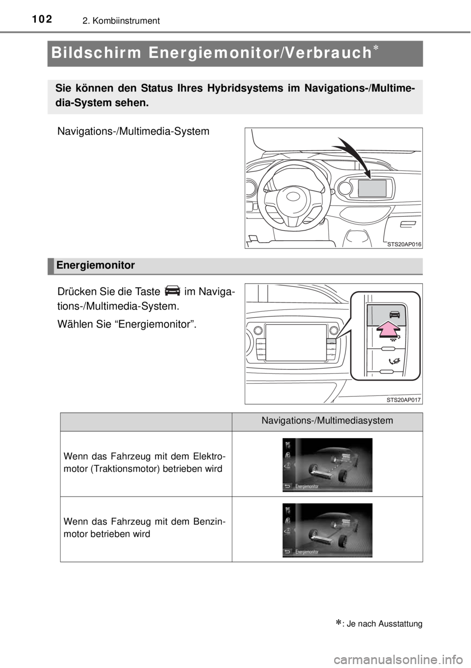 TOYOTA YARIS HYBRID 2014  Betriebsanleitungen (in German) 1022. Kombiinstrument
Bildschir m Energiemonitor/Verbrauch
Navigations-/Multimedia-System
Drücken Sie die Taste   im Naviga-
tions-/Multimedia-System.
Wählen Sie “Energiemonitor”.
: Je nac