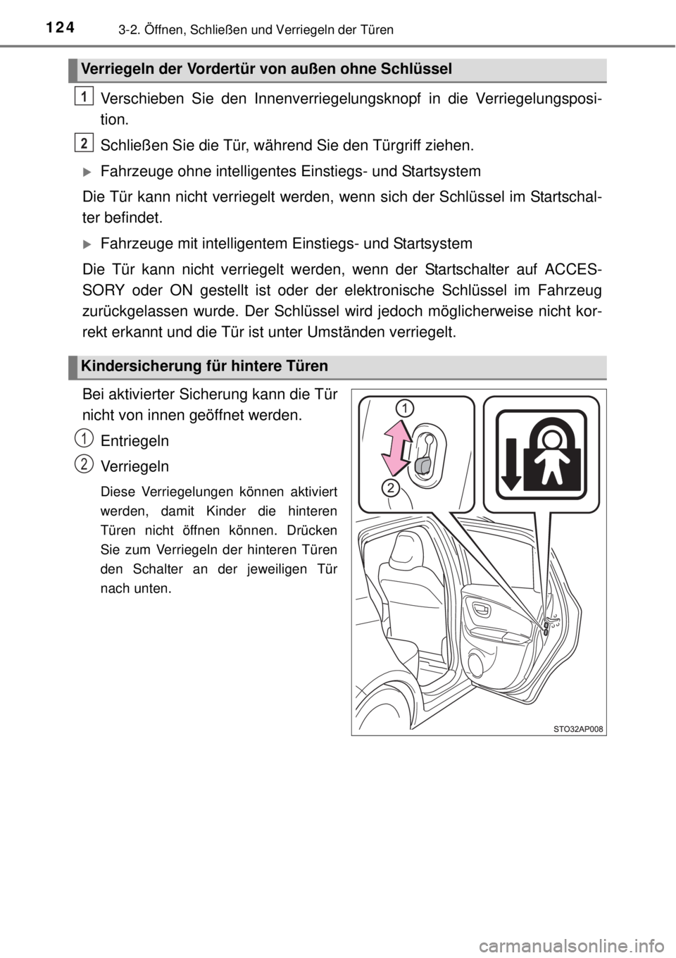 TOYOTA YARIS HYBRID 2014  Betriebsanleitungen (in German) 1243-2. Öffnen, Schließen und Verriegeln der Türen
Verschieben Sie den Innenverriegelungsknopf in die Verriegelungsposi-
tion.
Schließen Sie die Tür, während Sie den Türgriff ziehen.
Fahrzeu